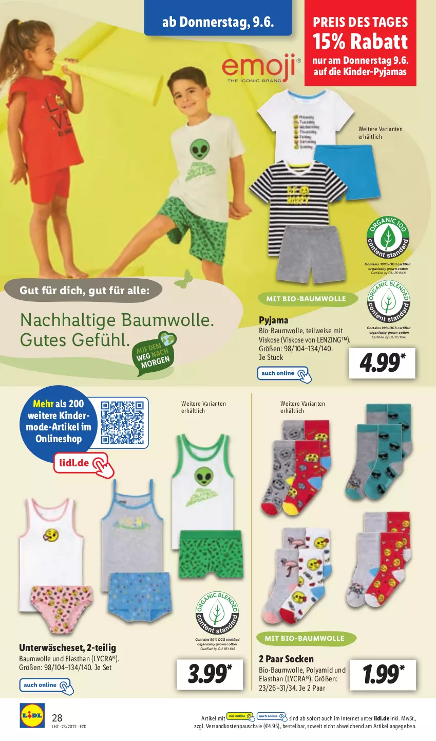 Aktueller Prospekt Lidl - Aktionsprospekt - von 07.06 bis 11.06.2022 - strona 30 - produkty: Bau, baumwolle, bio, bio-baumwolle, eis, Kinder, lenzing, mit bio-baumwolle, Mode, ndk, Pyjama, reis, Ria, Schal, Schale, socken, Ti, Unterwäsche, wolle