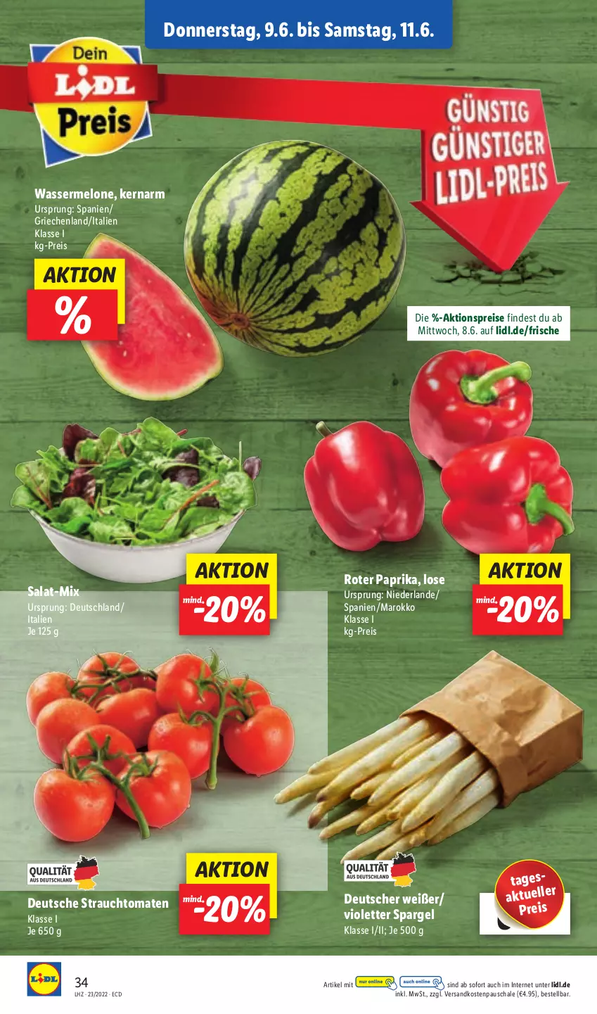 Aktueller Prospekt Lidl - Aktionsprospekt - von 07.06 bis 11.06.2022 - strona 36 - produkty: aktionspreis, eis, elle, melone, ndk, paprika, Rauch, reis, salat, Schal, Schale, spargel, strauchtomaten, Ti, tomate, tomaten, wasser, wassermelone