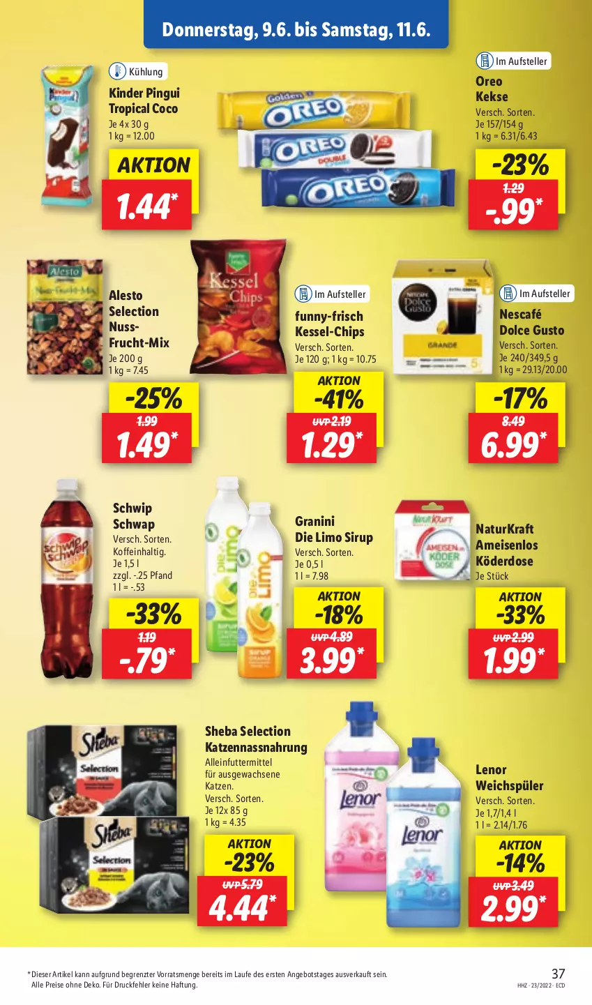 Aktueller Prospekt Lidl - Aktionsprospekt - von 07.06 bis 11.06.2022 - strona 39 - produkty: alesto, alleinfuttermittel, angebot, chips, dolce gusto, eis, elle, frucht, funny-frisch, granini, granini die limo, keks, kekse, Kinder, kinder pingui, kraft, lenor, lenor weichspüler, limo, Nassnahrung, natur, Nescafé, nuss, oreo, pingui, reis, Schwip Schwap, sheba, sirup, teller, Ti, weichspüler, ZTE