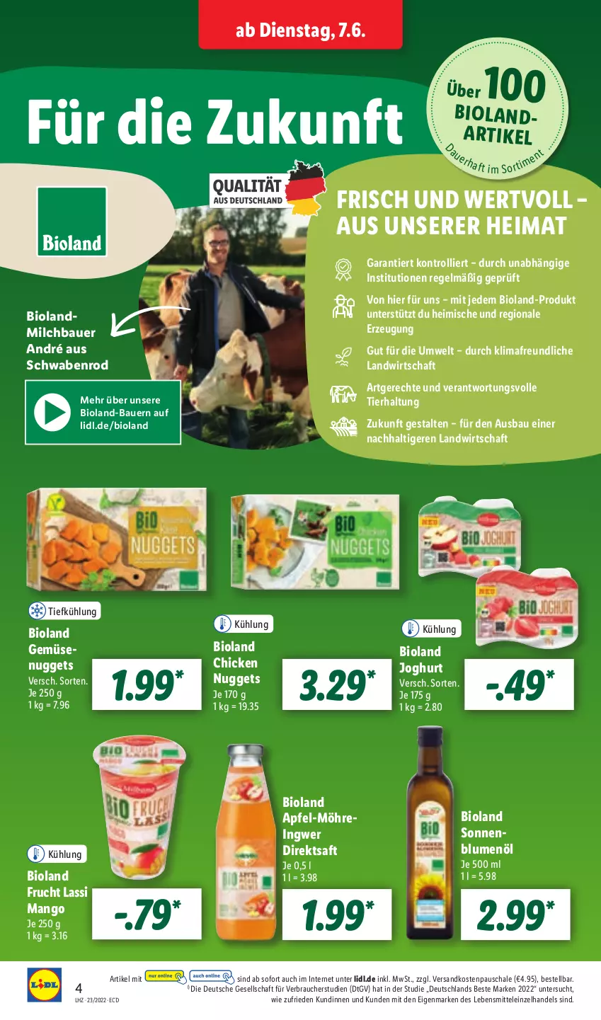 Aktueller Prospekt Lidl - Aktionsprospekt - von 07.06 bis 11.06.2022 - strona 4 - produkty: apfel, auer, Bau, Bauer, bio, bioland, blume, blumen, blumenöl, chicken nuggets, direktsaft, frucht, ingwer, joghur, joghurt, landmilch, lebensmittel, mango, milch, ndk, nuggets, Rauch, saft, Schal, Schale, sonnenblume, sonnenblumen, sonnenblumenöl, Ti, trolli, usb