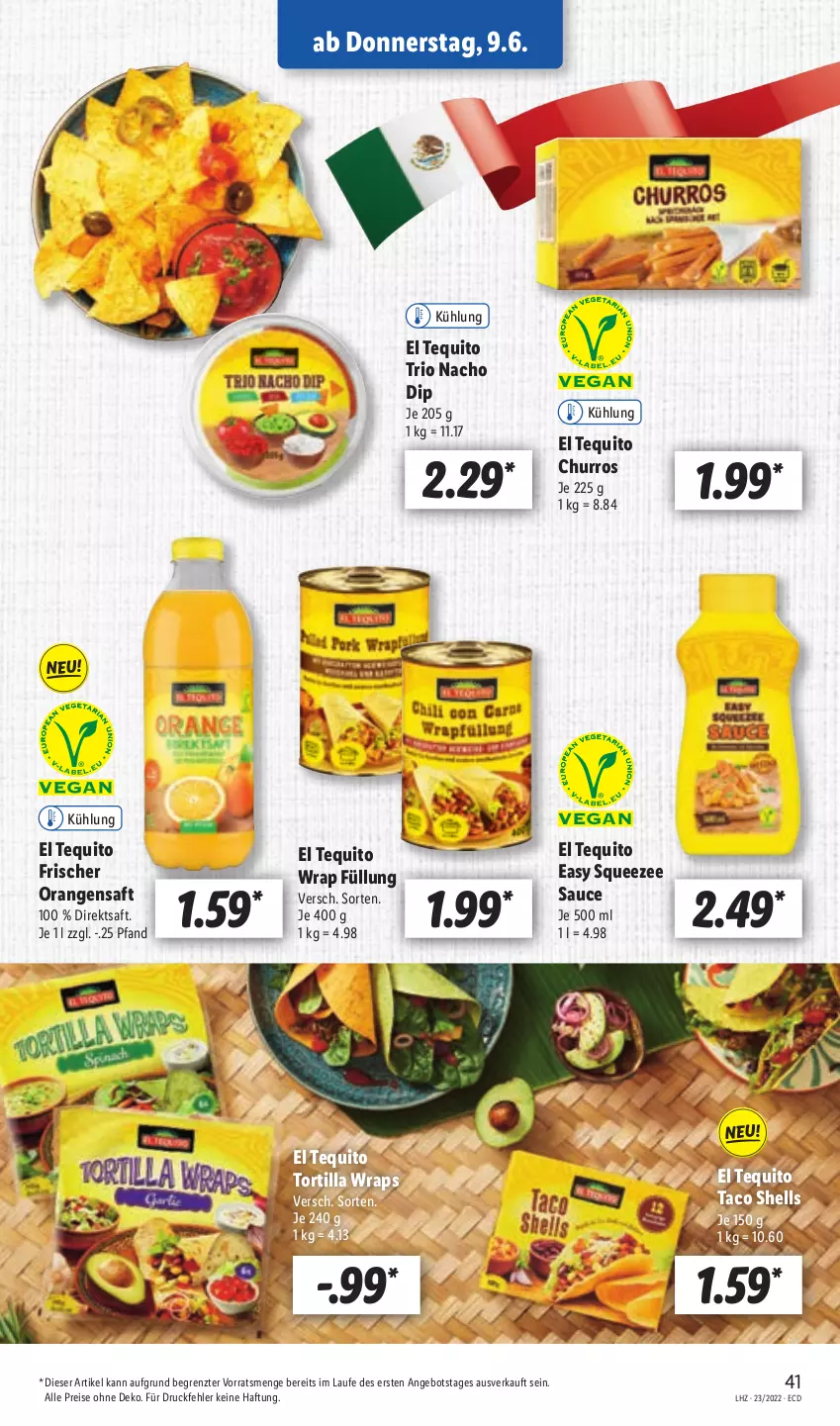 Aktueller Prospekt Lidl - Aktionsprospekt - von 07.06 bis 11.06.2022 - strona 43 - produkty: angebot, dip, direktsaft, eis, nacho, orange, orangen, orangensaft, reis, saft, sauce, Taco Shells, Ti, tortilla, wrap, wraps, ZTE