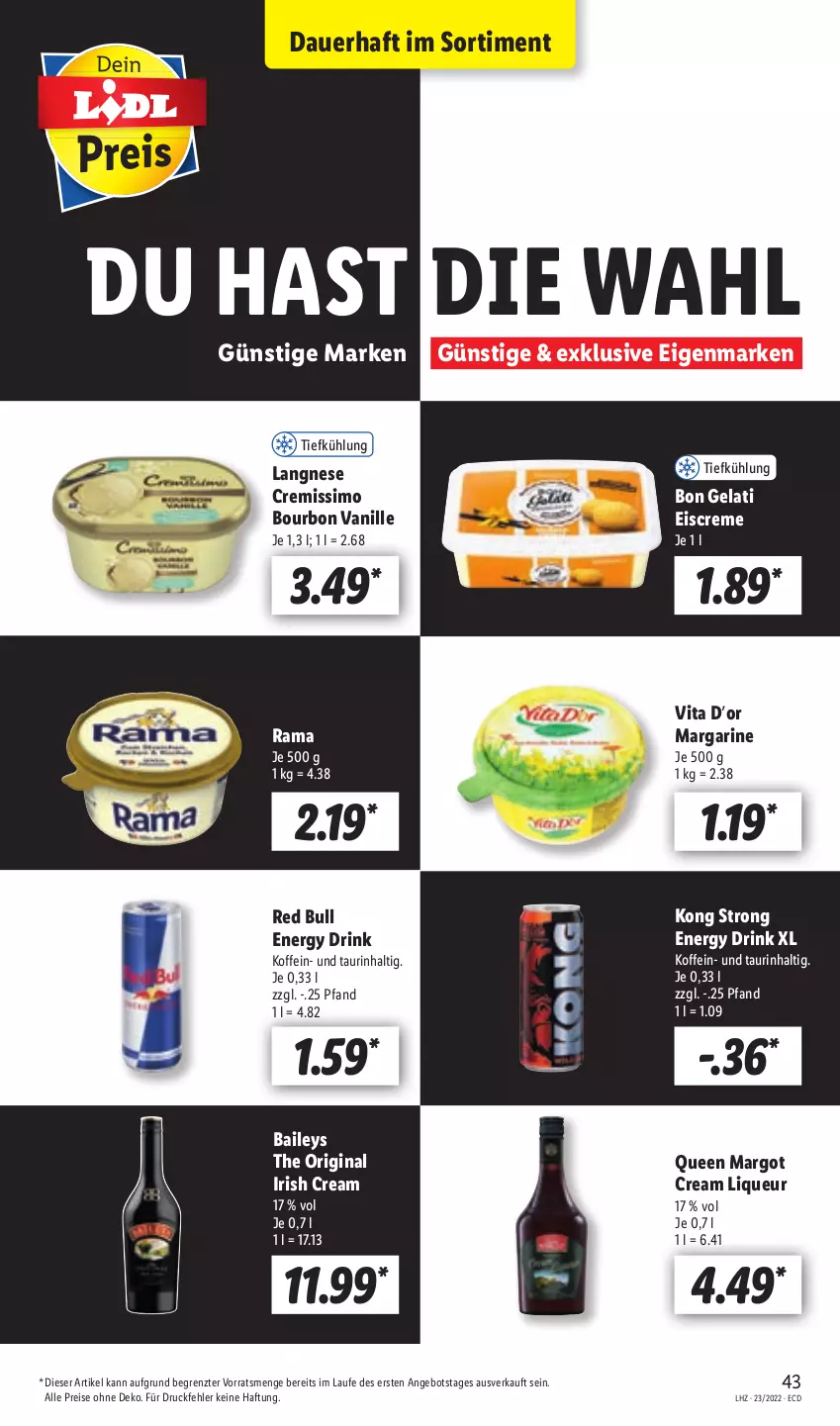 Aktueller Prospekt Lidl - Aktionsprospekt - von 07.06 bis 11.06.2022 - strona 45 - produkty: angebot, auer, baileys, Bon Gelati, bourbon, bourbon vanille, creme, cremissimo, drink, eis, eiscreme, energy drink, gin, irish cream, langnese, langnese cremissimo, liqueur, margarine, rama, red bull, reis, sim, Ti, vanille, vita, ZTE