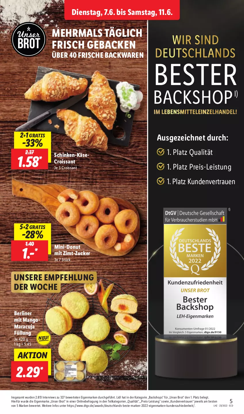 Aktueller Prospekt Lidl - Aktionsprospekt - von 07.06 bis 11.06.2022 - strona 5 - produkty: backwaren, berliner, brot, Croissant, Donut, eis, frische backwaren, geback, Käse, mango, maracuja, reis, schinken, Ti, zucker