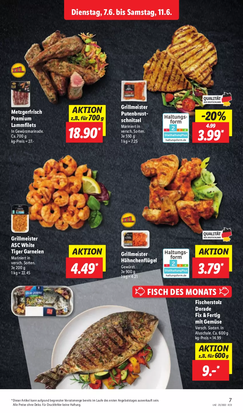 Aktueller Prospekt Lidl - Aktionsprospekt - von 07.06 bis 11.06.2022 - strona 7 - produkty: angebot, Dorade, eis, filet, filets, fisch, fische, Fischer, garnelen, gewürz, grill, hähnchenflügel, lamm, Lammfilets, marinade, Meister, mit gemüse, pute, putenbrust, reis, Schal, Schale, schnitzel, Ti, ZTE