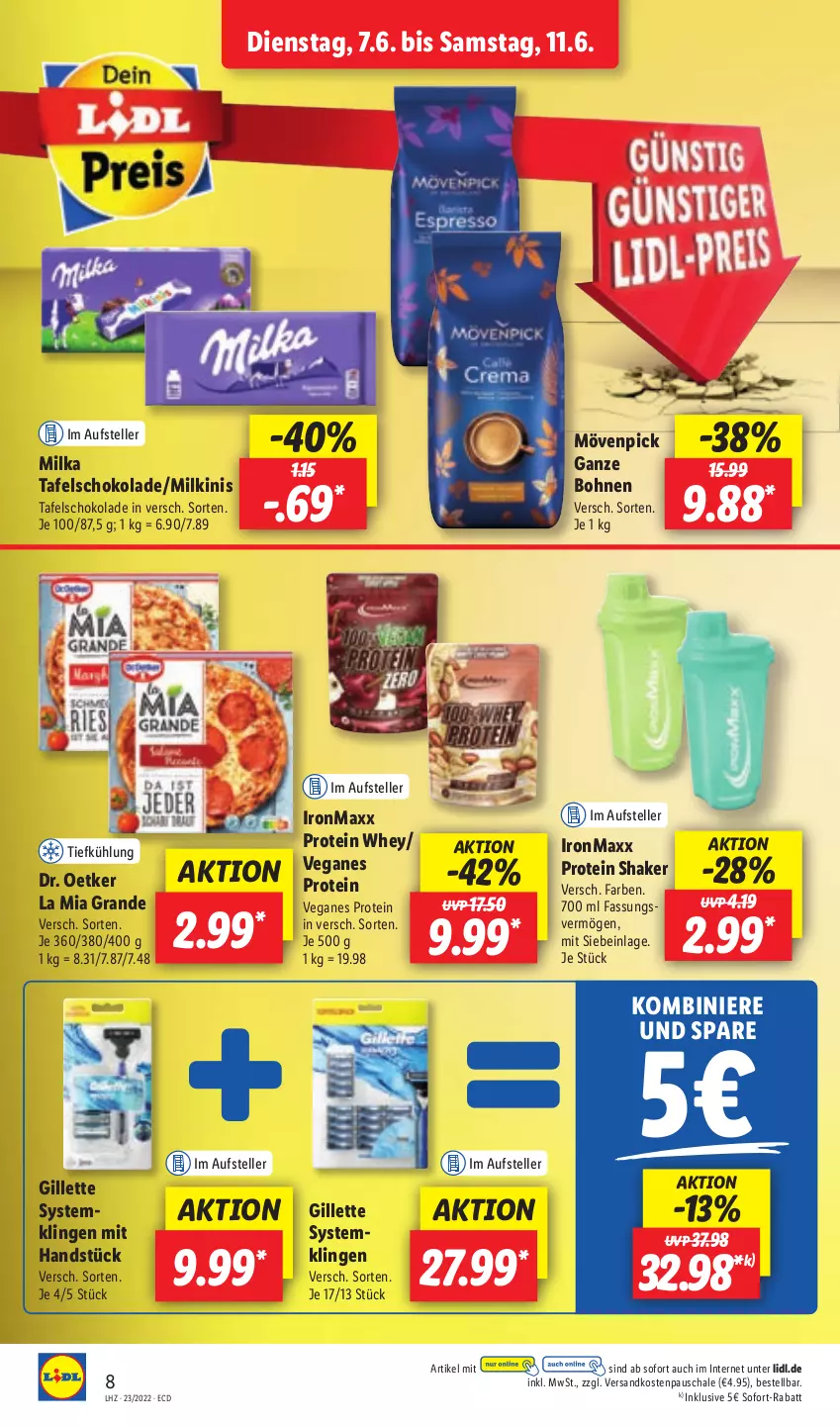 Aktueller Prospekt Lidl - Aktionsprospekt - von 07.06 bis 11.06.2022 - strona 8 - produkty: bohne, bohnen, Dr. Oetker, elle, gillette, milka, mövenpick, ndk, Schal, Schale, schoko, schokolade, shake, sofort-rabatt, tafelschokolade, teller, Ti