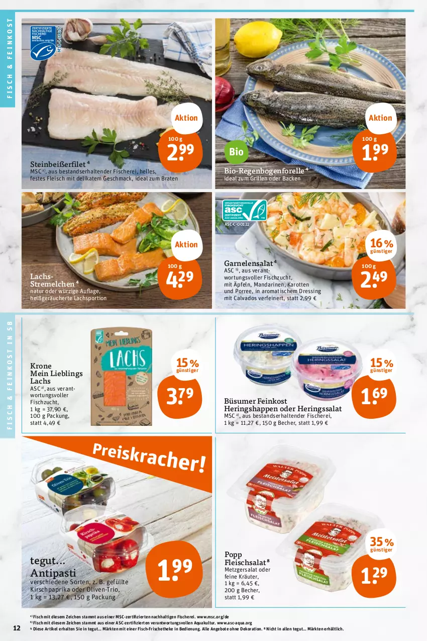 Aktueller Prospekt Tegut - Angebote der Woche - von 02.05 bis 06.05.2023 - strona 14 - produkty: angebot, angebote, antipasti, aqua, asti, Becher, bio, braten, dekoration, dressing, eis, elle, feinkost, filet, fisch, fische, Fischer, fleisch, fleischsalat, forelle, garnelen, grill, hering, Herings, Heringshappen, HP, ideal zum braten, ideal zum grillen, karotten, kirsch, kräuter, krone, lachs, mac, mandarine, mandarinen, natur, olive, oliven, paprika, Popp, rel, ring, salat, Schere, Sport, Steinbeißer, Steinbeißerfilet, tender, Ti, tisch