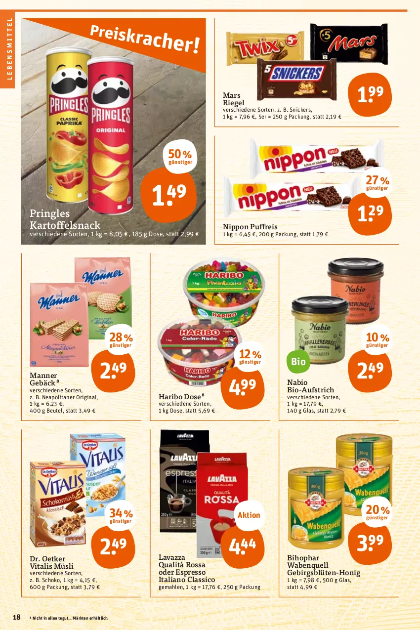 Aktueller Prospekt Tegut - Angebote der Woche - von 02.05 bis 06.05.2023 - strona 20 - produkty: aufstrich, beutel, bihophar, bio, Blüte, classico, Dr. Oetker, eis, espresso, gin, haribo, honig, kartoffel, lavazza, lebensmittel, Manner, mars, müsli, nippon, oder espresso, pringles, reis, riegel, ring, schoko, snack, snickers, Ti, vita, vitalis, vitalis müsli