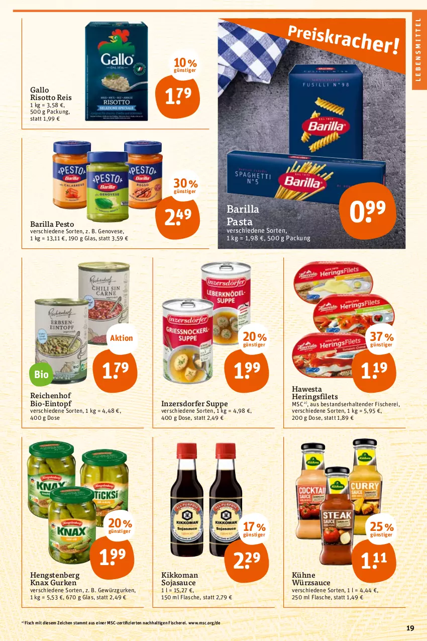 Aktueller Prospekt Tegut - Angebote der Woche - von 02.05 bis 06.05.2023 - strona 21 - produkty: barilla, bio, eintopf, eis, filet, filets, fisch, fische, Fischer, flasche, gallo, genovese, gewürz, Gewürzgurke, gewürzgurken, gurke, gurken, hawesta, hengstenberg, hering, Herings, heringsfilets, kikkoman, Kühne, lebensmittel, pasta, pesto, reis, ring, risotto, sauce, Schere, soja, sojasauce, suppe, tender, Ti, topf, würzsauce