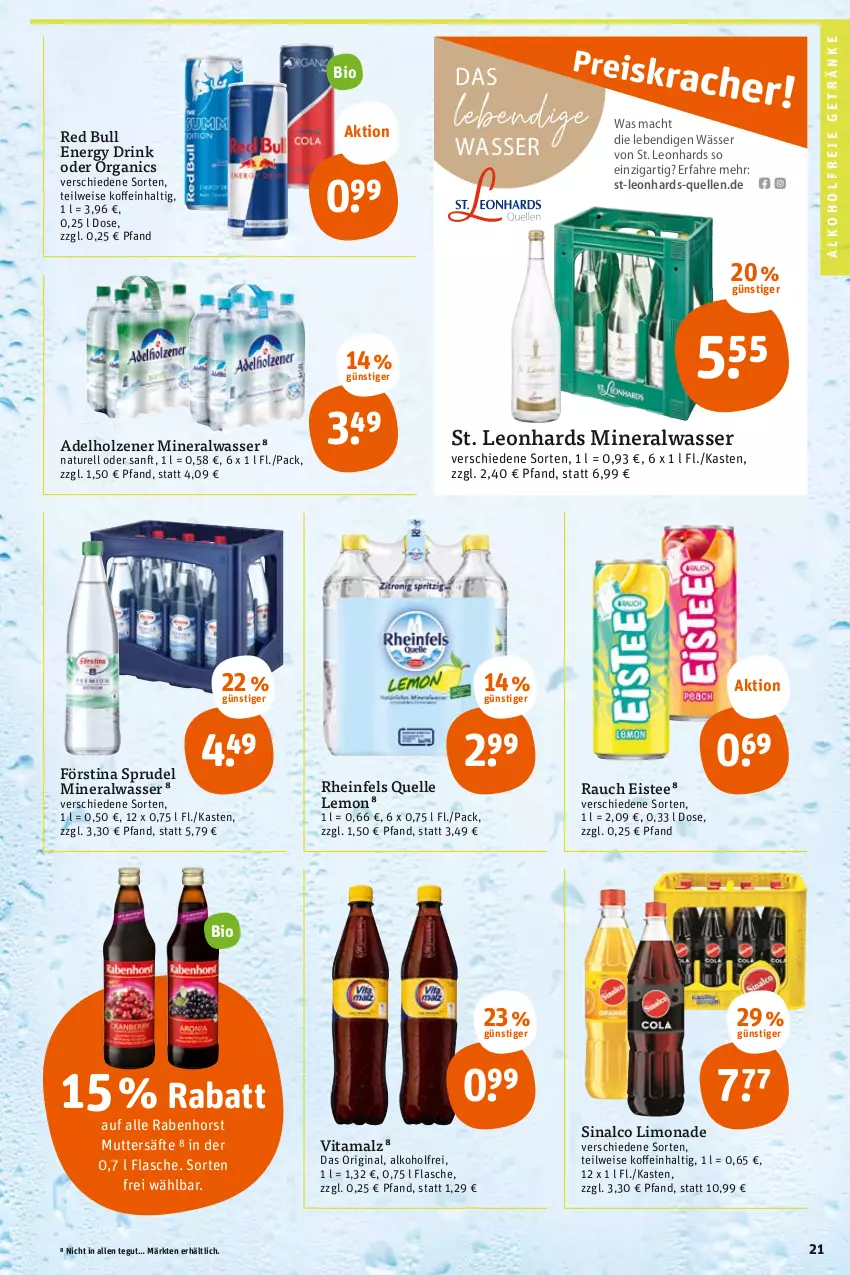 Aktueller Prospekt Tegut - Angebote der Woche - von 02.05 bis 06.05.2023 - strona 23 - produkty: adelholzener, alkohol, alkoholfreie getränke, Alwa, bio, drink, eis, eistee, elle, energy drink, flasche, getränk, getränke, gin, Holz, limo, limonade, mac, malz, mineralwasser, natur, Rauch, red bull, rel, rheinfels quelle, säfte, sinalco, Sprudel, tee, Ti, vita, vitamalz, wasser