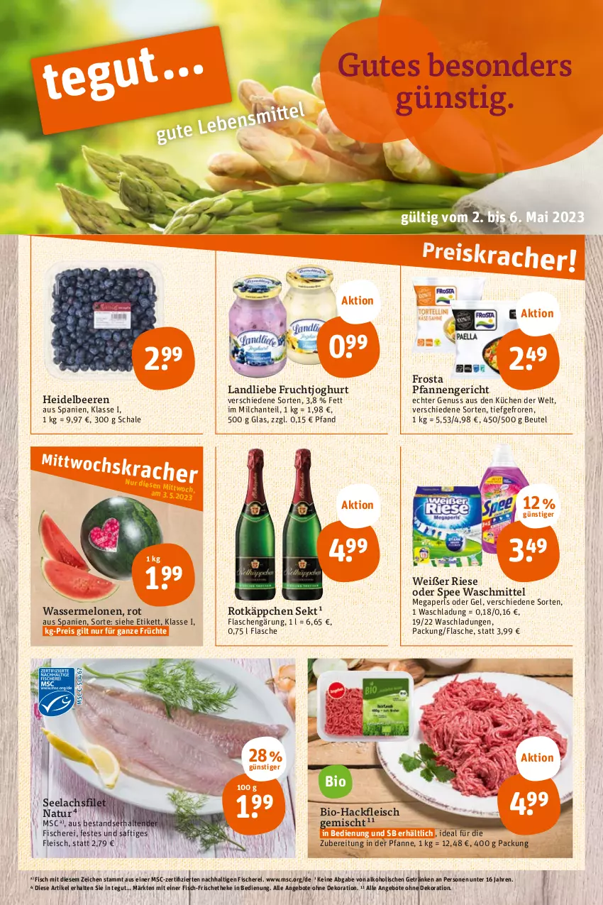 Aktueller Prospekt Tegut - Angebote der Woche - von 02.05 bis 06.05.2023 - strona 3 - produkty: alkohol, angebot, angebote, beere, beeren, beutel, bio, Bio-Hackfleisch, dekoration, eis, filet, fisch, fische, Fischer, flasche, fleisch, frosta, frucht, früchte, fruchtjoghurt, getränk, getränke, hackfleisch, hackfleisch gemischt, heidelbeere, heidelbeeren, joghur, joghurt, küche, Küchen, lachs, lachsfilet, landliebe, megaperls, melone, melonen, milch, natur, nuss, pfanne, pfannen, reis, rotkäppchen, saft, Schal, Schale, Schere, seelachsfilet, sekt, spee, tender, Ti, waschmittel, wasser, wassermelone, wassermelonen