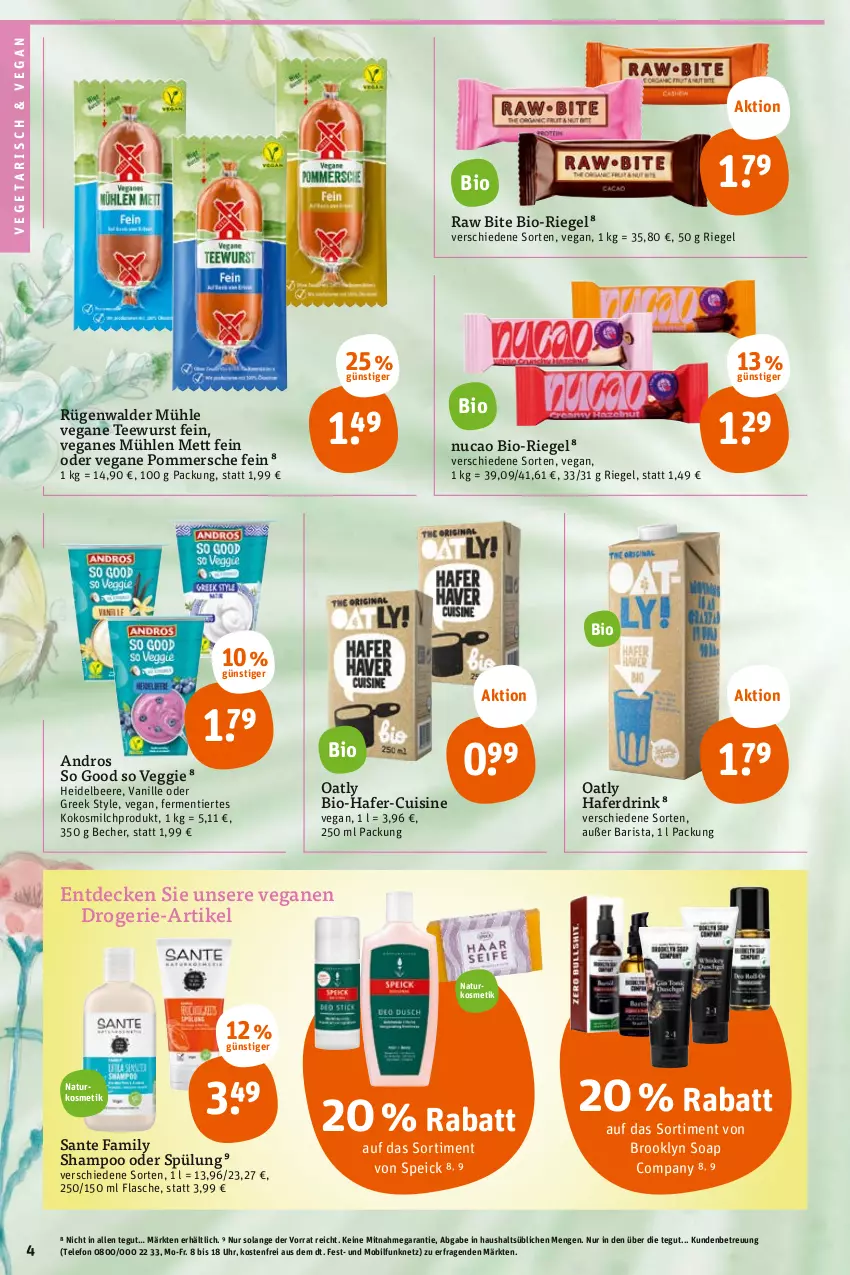 Aktueller Prospekt Tegut - Angebote der Woche - von 02.05 bis 06.05.2023 - strona 6 - produkty: Becher, beere, bio, decke, drink, drogerie-artikel, flasche, hafer, Haferdrink, heidelbeere, HP, kokos, kokosmilch, kosmetik, Mett, milch, natur, naturkosmetik, Pommersche, riegel, rügenwalder, rügenwalder mühle, SANTE, shampoo, shampoo oder spülung, Speick, spülung, tee, teewurst, telefon, Ti, uhr, vanille, Vegeta, veggie, wurst