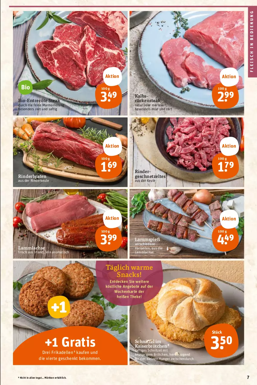 Aktueller Prospekt Tegut - Angebote der Woche - von 02.05 bis 06.05.2023 - strona 9 - produkty: angebot, angebote, beko, bio, braten, brötchen, decke, dell, eis, elle, entrecôte, fleisch, frikadellen, geschnetzeltes, Kaiser, lachs, lamm, lammlachse, leine, natur, Ria, rind, rinder, rinderbraten, Rindergeschnetzeltes, Rinderkeule, Rückensteak, saft, schnitzel, snack, snacks, steak, Ti, tisch, Zelt