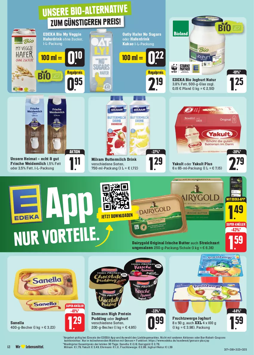 Aktueller Prospekt Edeka - Angebote der Woche - von 09.10 bis 14.10.2023 - strona 16 - produkty: angebot, Becher, bio, butter, buttermilch, coupon, coupons, Dairygold, deka, drink, edeka bio, ehrmann, eis, frucht, fruchtzwerge, gin, hafer, Haferdrink, irische butter, joghur, joghurt, kakao, milch, milram, natur, nuss, pudding, rabatt-coupon, regal, reis, salz, Schal, Schale, Streichzart, super-knüller, Ti, veggie, weidemilch, ZTE, zucker