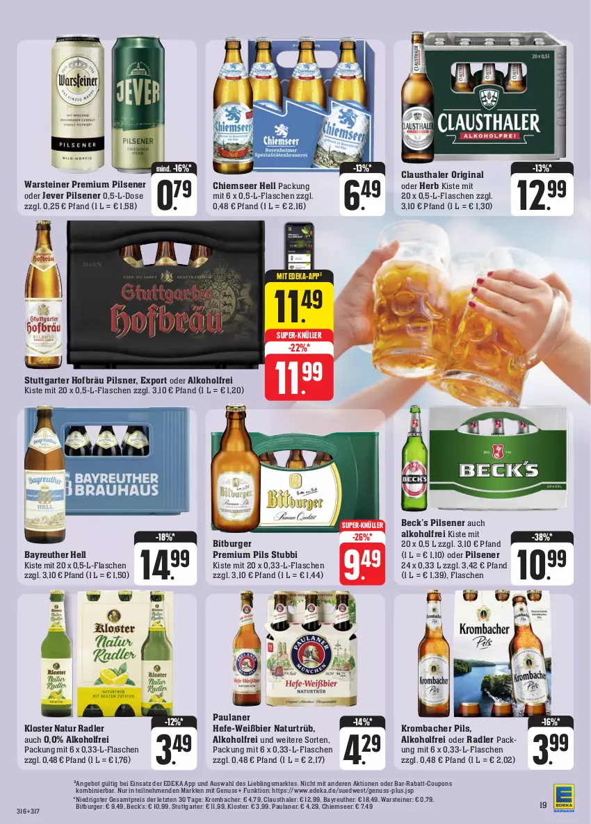 Aktueller Prospekt Edeka - Angebote der Woche - von 09.10 bis 14.10.2023 - strona 23 - produkty: alkohol, angebot, aust, beck's, bier, bitburger, burger, clausthaler, coupon, coupons, deka, eis, flasche, gin, Hefe, jever, jever pilsener, krombache, krombacher, krombacher pils, natur, natur radler, nuss, oder radler, Paula, paulaner, pils, pilsener, pilsner, premium pils, rabatt-coupon, radler, reis, steiner, super-knüller, Ti, warsteiner, ZTE