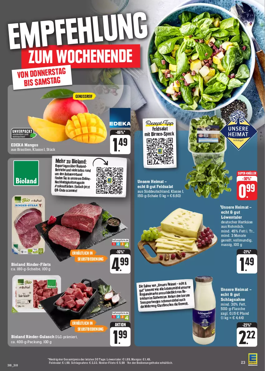 Aktueller Prospekt Edeka - Angebote der Woche - von 09.10 bis 14.10.2023 - strona 27 - produkty: Bau, bio, bioland, Birnen, deka, eis, feldsalat, filet, filets, flasche, gulasch, hartkäse, Käse, LG, magazin, mango, mangos, milch, nuss, reis, rind, rinder, sahne, salat, Schal, Schale, schlagsahne, Speck, Sport, super-knüller, Ti, ZTE