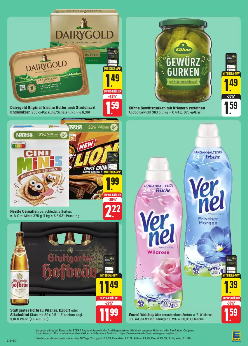 Aktueller Prospekt Edeka - Angebote der Woche - von 09.10 bis 14.10.2023 - strona 32 - produkty: alkohol, angebot, butter, cerealien, cin, coupon, coupons, Dairygold, deka, eis, flasche, gewürz, Gewürzgurke, gewürzgurken, gin, gurke, gurken, irische butter, kräuter, kräutern, Kühne, nestlé, nuss, pils, pilsner, rabatt-coupon, reis, salz, Schal, Schale, Streichzart, super-knüller, Ti, vernel, Wild, ZTE