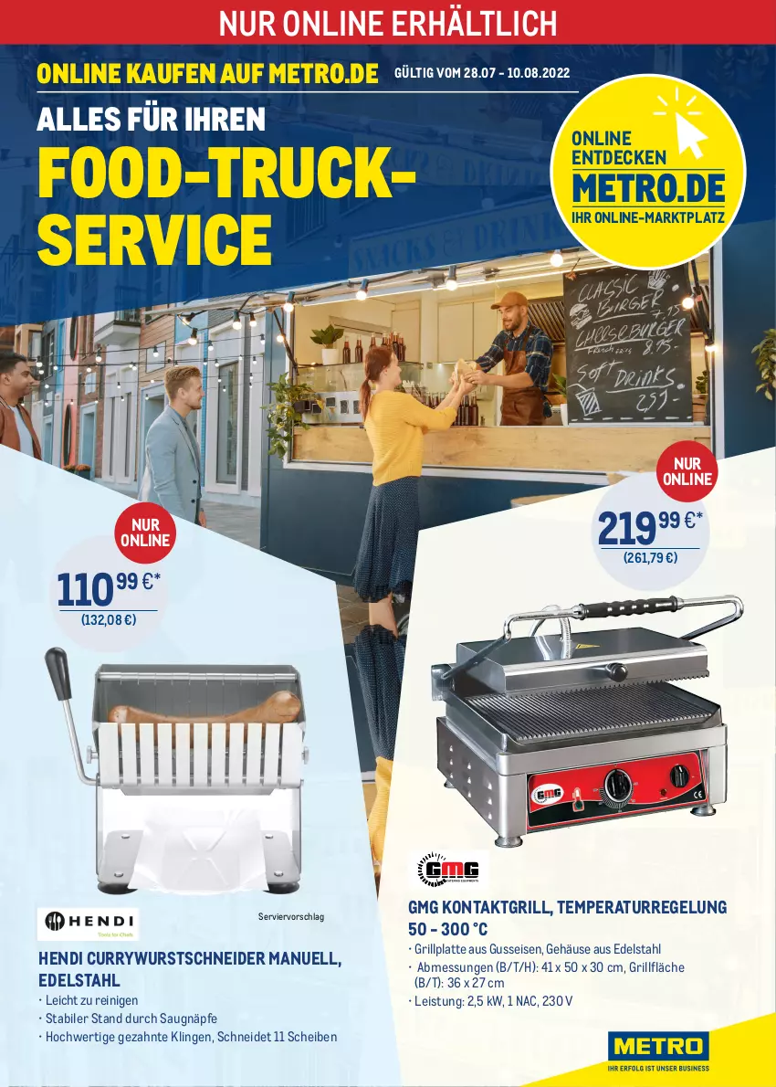 Aktueller Prospekt Metro - ONLINE-MARKTPLATZ - von 28.07 bis 10.08.2022 - strona 1 - produkty: curry, currywurst, decke, edelstahl, eis, grill, grillfläche, grillplatte, kontaktgrill, latte, Metro, Ti, wurst