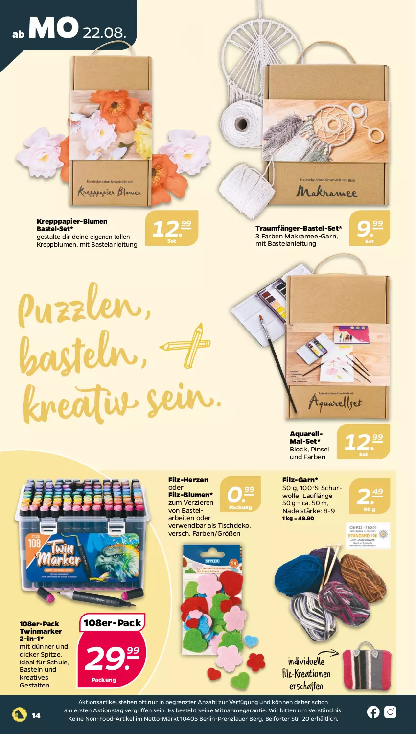 Aktueller Prospekt Netto - Woche 34 - von 22.08 bis 27.08.2022 - strona 14 - produkty: aqua, auer, blume, blumen, Elan, elle, papier, Pinsel, Puzzle, rel, rwe, Ti, tisch, wolle, ZTE