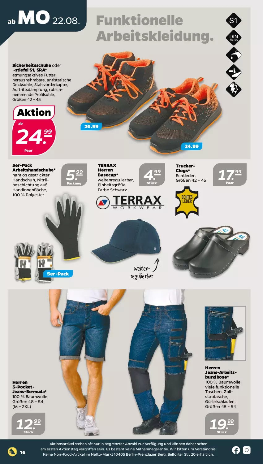 Aktueller Prospekt Netto - Woche 34 - von 22.08 bis 27.08.2022 - strona 16 - produkty: auer, Bau, baumwolle, bermuda, Cap, Clogs, decksohle, elle, handschuhe, hose, jeans, kleid, Kleidung, kraft, Laufen, schuhe, Tasche, taschen, Ti, tisch, wolle, ZTE