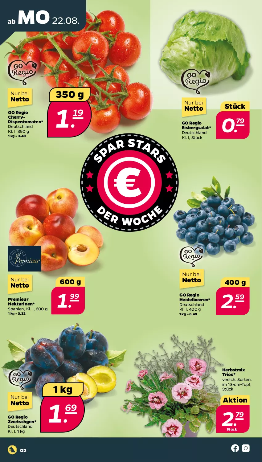 Aktueller Prospekt Netto - Woche 34 - von 22.08 bis 27.08.2022 - strona 2 - produkty: beere, beeren, eis, eisbergsalat, heidelbeere, heidelbeeren, Nektar, nektarinen, rispentomaten, salat, Ti, tomate, tomaten, topf