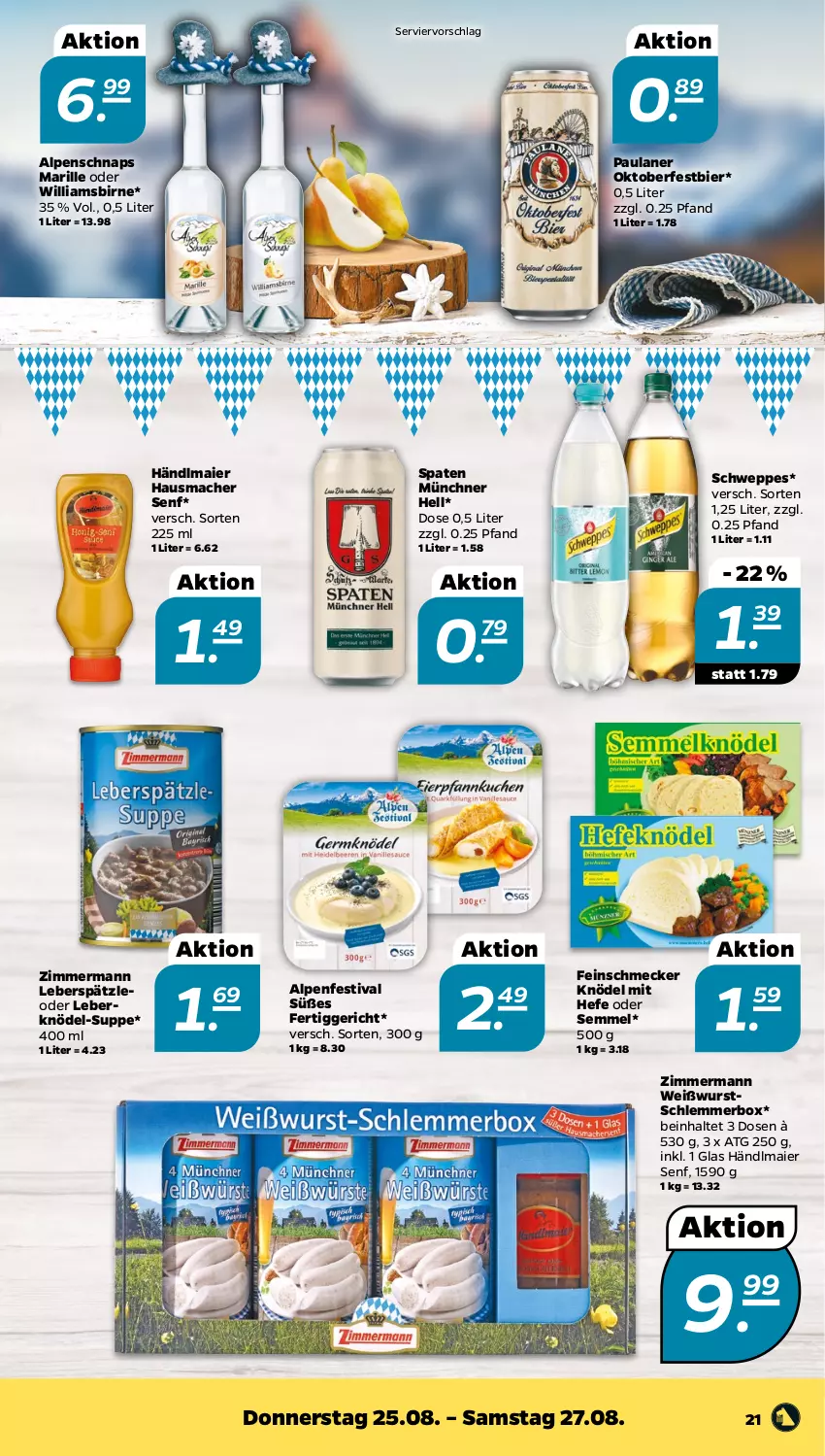 Aktueller Prospekt Netto - Woche 34 - von 22.08 bis 27.08.2022 - strona 21 - produkty: bier, feinschmecker, fertiggericht, händlmaier, Hausmacher, Hefe, Knödel, Leberknödel, mac, Paula, paulaner, schweppes, Semmel, senf, Spaten, suppe, Ti, Weißwurst, wurst