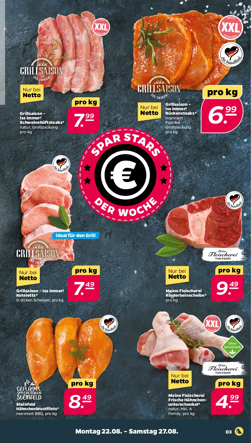 Aktueller Prospekt Netto - Woche 34 - von 22.08 bis 27.08.2022 - strona 3 - produkty: brustfilet, eis, filet, filets, fleisch, Fleischerei, Frische Hähnchen, grill, hähnchenbrust, hähnchenbrustfilet, henkel, hüftsteak, hüftsteaks, kotelett, natur, paprika, rind, rinder, Rückensteak, rückensteaks, schenkel, Schere, schwein, schweine, steak, steaks, wein, weine