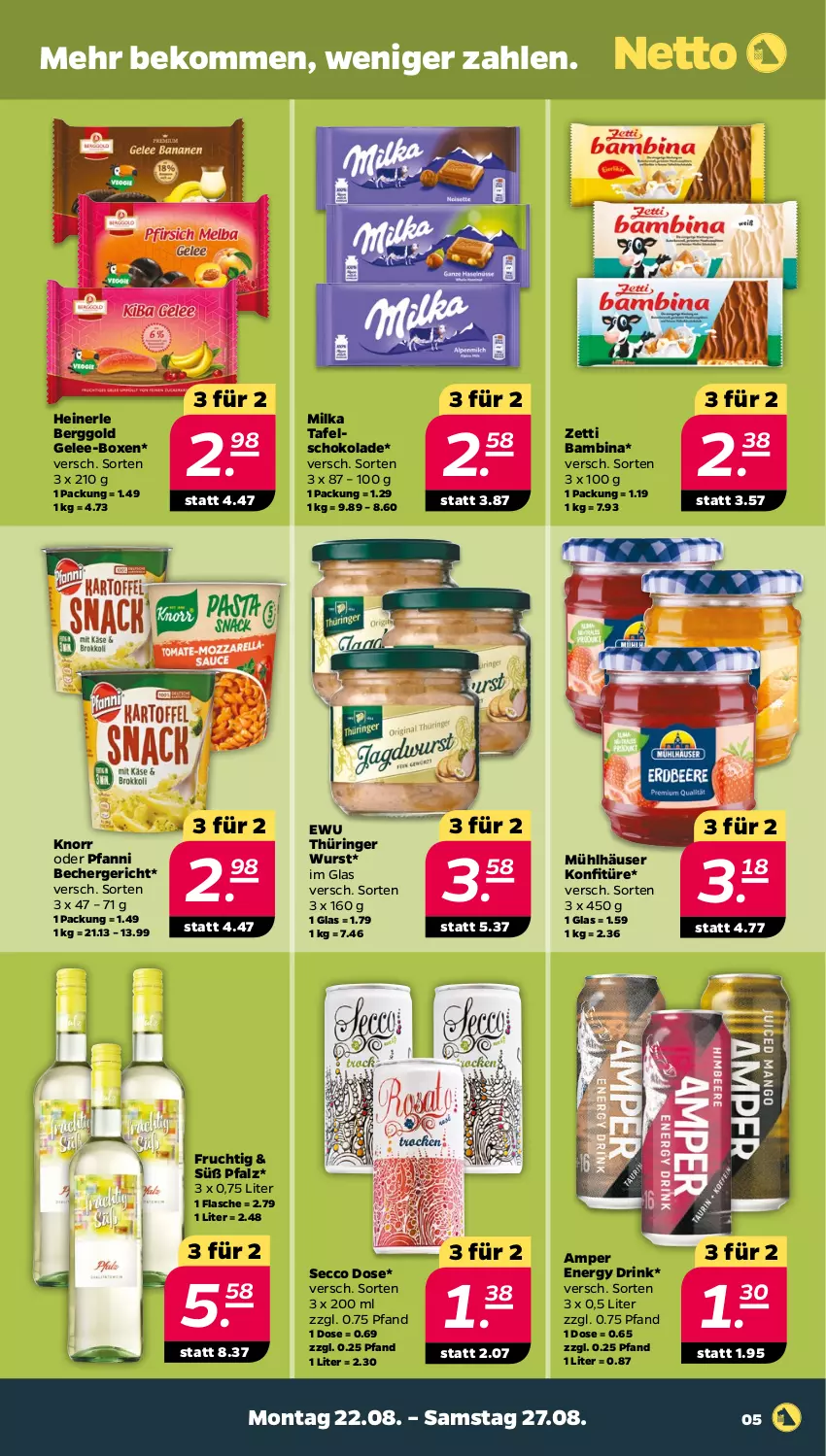 Aktueller Prospekt Netto - Woche 34 - von 22.08 bis 27.08.2022 - strona 5 - produkty: Becher, beko, drink, ecco, energy drink, flasche, frucht, gelee, knorr, konfitüre, milka, mühlhäuser, pfanni, ring, schoko, schokolade, Ti, wurst