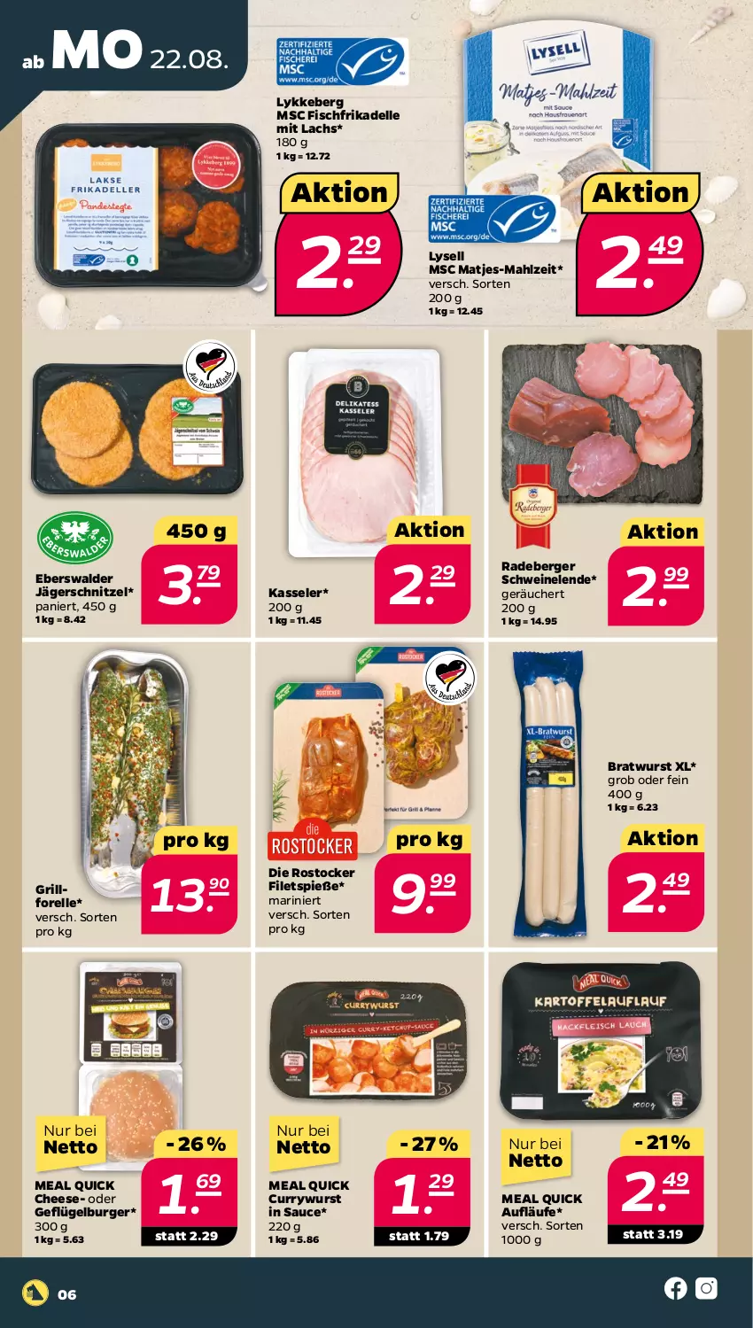 Aktueller Prospekt Netto - Woche 34 - von 22.08 bis 27.08.2022 - strona 6 - produkty: Berger, bratwurst, burger, curry, currywurst, dell, elle, filet, filets, fisch, forelle, Geflügel, grill, kasseler, lachs, lysell, matjes, radeberger, rel, Rostocker, sauce, schnitzel, schwein, schweine, Ti, wein, weine, wurst