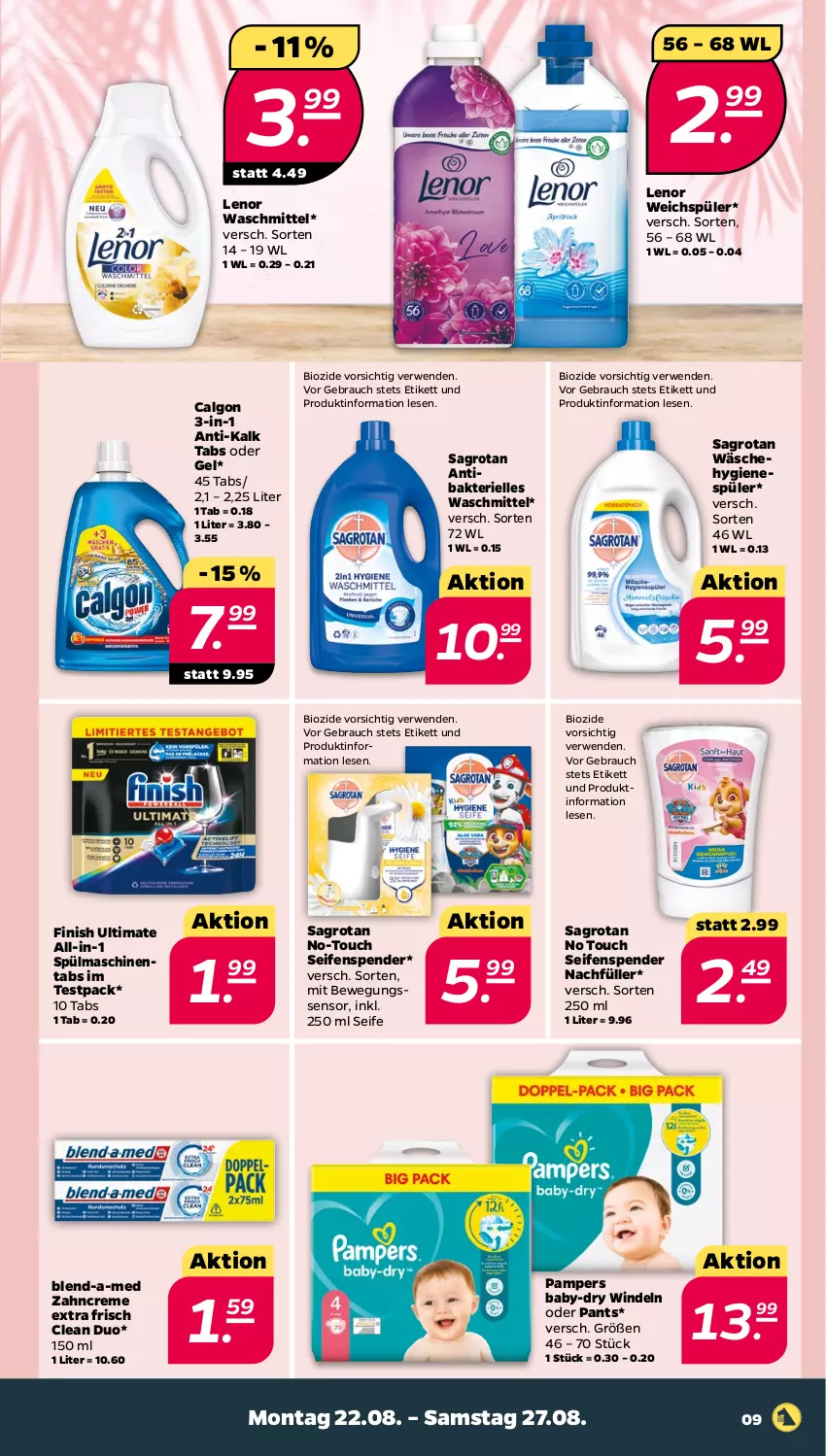 Aktueller Prospekt Netto - Woche 34 - von 22.08 bis 27.08.2022 - strona 9 - produkty: baby-dry, Bewegungssensor, bio, blend-a-med, calgon, creme, elle, Finish, hygienespüler, lenor, lenor waschmittel, lenor weichspüler, LG, pampers, Pants, Rauch, rwe, sagrotan, Seife, seifenspender, spülmaschinen, spülmaschinentabs, Ti, waschmittel, weichspüler, windeln, windeln oder pants, zahncreme