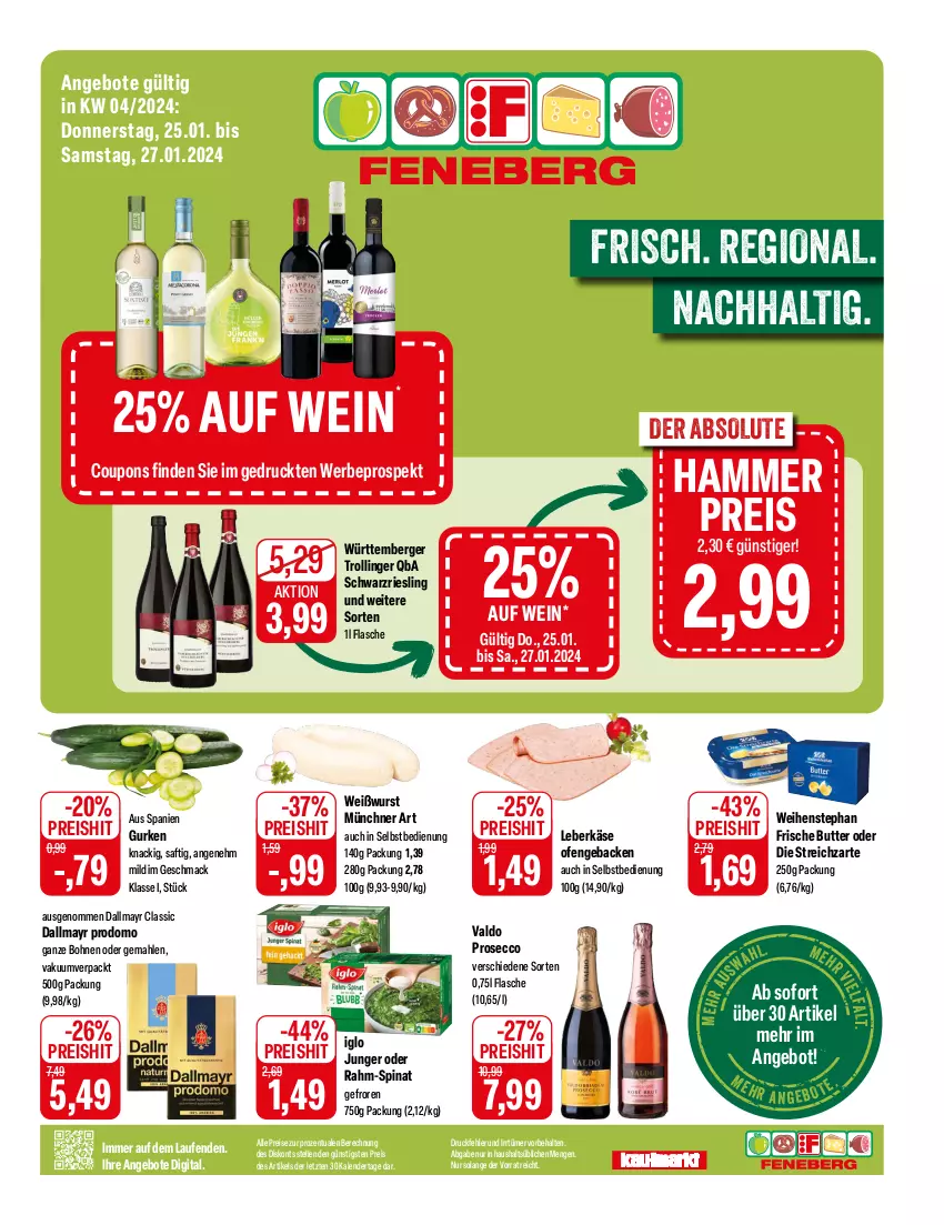 Aktueller Prospekt Feneberg - Prospekte - von 25.01 bis 27.01.2024 - strona 1 - produkty: angebot, angebote, Berger, bohne, bohnen, butter, coupon, coupons, dallmayr, dallmayr prodomo, ecco, eis, elle, flasche, geback, gurke, gurken, iglo, Käse, Laufen, leberkäs, leberkäse, mac, Ofen, prodomo, prosecco, rahm-spinat, reis, riesling, saft, schwarzriesling, spinat, Streichzart, Ti, trolli, trollinger, valdo, weihenstephan, wein, Weißwurst, wurst, ZTE