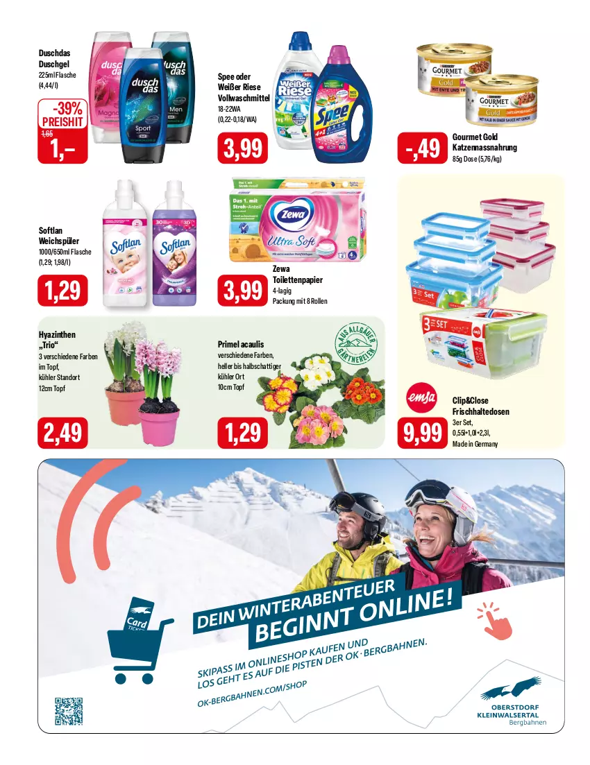 Aktueller Prospekt Feneberg - Prospekte - von 25.01 bis 27.01.2024 - strona 14 - produkty: duschdas, duschgel, eis, elle, flasche, frischhaltedosen, Germ, gourmet gold, LG, Nassnahrung, papier, reis, Softlan, spee, Ti, toilettenpapier, topf, vollwaschmittel, waschmittel, weichspüler, zewa