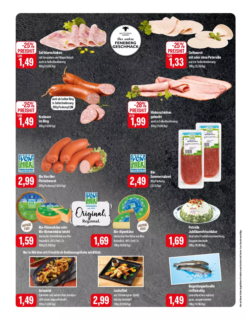 Aktueller Prospekt Feneberg - Prospekte - von 25.01 bis 27.01.2024 - strona 4 - produkty: auer, bier, bierschinken, bio, doppelrahmstufe, eis, elle, filet, fisch, fleisch, fleischwurst, forelle, frischfisch, frischkäse, frischkäsezubereitung, garnelen, garnier, hartkäse, Heu, heumilch, hinterschinken, Jubiläums, Käse, krakauer, lachs, lachsfilet, milch, petersilie, petrella, reis, rel, ring, rotwein, saft, salami, salat, schinken, schnittkäse, Ti, tisch, wein, Weinkäse, wurst, zitrone, zitronen