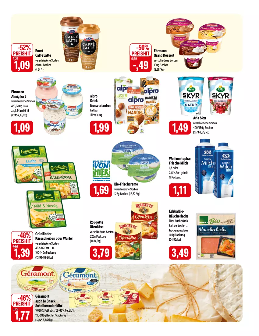 Aktueller Prospekt Feneberg - Prospekte - von 25.01 bis 27.01.2024 - strona 7 - produkty: almighur, almighurt, alpro, arla, arla skyr, Becher, bio, buch, caffè latte, creme, deka, dessert, drink, edeka bio, ehrmann, ehrmann almighurt, Ehrmann Grand Dessert, eis, emmi, frische milch, géramont, grünländer, Holz, Käse, käsescheiben, lachs, latte, milch, nuss, Ofen, Ofenkäse, Räucherlachs, reis, Ria, rouge, rougette, salz, Skyr, snack, weihenstephan, würfel