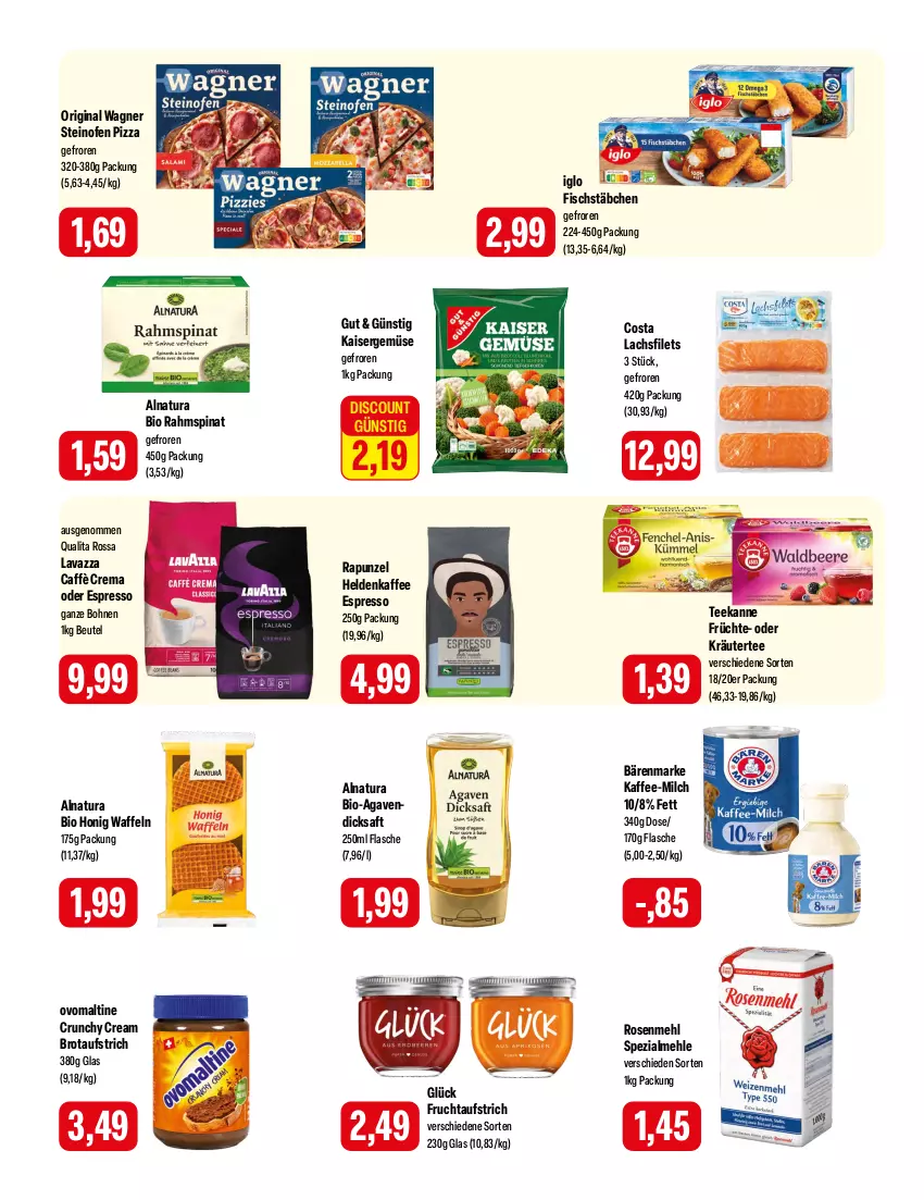 Aktueller Prospekt Feneberg - Prospekte - von 25.01 bis 27.01.2024 - strona 8 - produkty: agaven, aufstrich, bärenmarke, beutel, bio, bohne, bohnen, brot, brotaufstrich, caffè crema, dicksaft, discount, espresso, filet, filets, fisch, fischstäbchen, flasche, frucht, fruchtaufstrich, früchte, gin, honig, iglo, kaffee, Kaiser, Kaisergemüse, kräuter, lachs, lachsfilet, lachsfilets, lavazza, mehl, milch, natur, natura, oder espresso, oder kräuter, Ofen, original wagner, ovomaltine, pizza, rosen, Rosenmehl, saft, Spezi, spinat, steinofen, steinofen pizza, tee, teekanne, Ti, waffeln, wagner