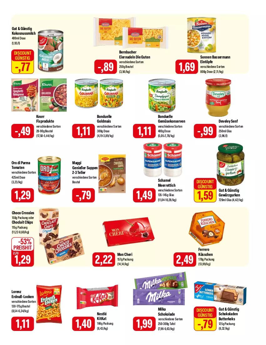 Aktueller Prospekt Feneberg - Prospekte - von 25.01 bis 27.01.2024 - strona 9 - produkty: bernbacher, beutel, bonduelle, bonduelle goldmais, butter, butterkeks, chips, choclait chips, choco crossies, crossies, develey, discount, eier, eiernudeln, eintöpfe, eis, elle, ferrero, Ferrero Küsschen, Gemüsekonserve, gewürz, Gewürzgurke, gewürzgurken, Goldmais, gurke, gurken, keks, kitkat, knorr, knorr fix, kokos, kokosnuss, Kokosnussmilch, Konserven, lorenz, maggi, mais, meerrettich, milch, milka, milka schokolade, nestlé, nudel, nudeln, nuss, oro di parma, reis, Rettich, schamel, schoko, schokolade, schokoladen, senf, suppe, suppen, teller, Ti, tomate, tomaten