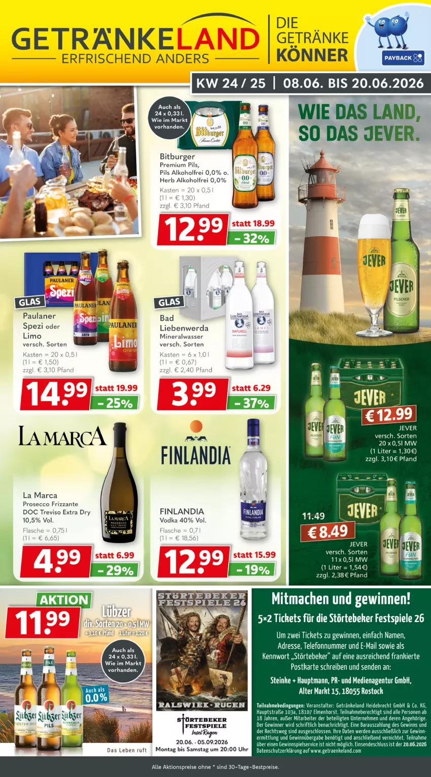 Aktueller Prospekt Getraenkeland - von 07.06 bis 19.06.2026 - strona 1 - produkty: aktionspreis, alkohol, Alwa, Bad, bestpreis, bestpreise, bitburger, burger, ecco, eis, Elan, erde, flasche, frizzante, getränk, getränke, gewinnspiel, jever, LG, limo, mac, mineralwasser, pils, premium pils, prosecco, reis, Spezi, Spiele, störtebeker, tee, telefon, Ti, uhr, vodka, wasser