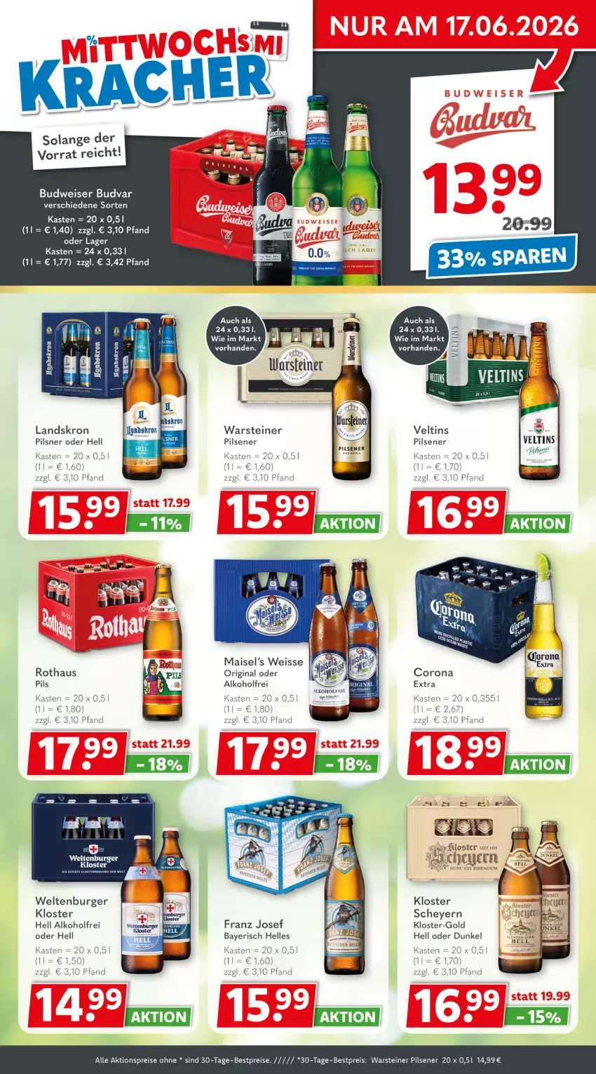 Aktueller Prospekt Getraenkeland - von 07.06 bis 19.06.2026 - strona 3 - produkty: aktionspreis, alkohol, bestpreis, bestpreise, budweiser, burger, corona, corona extra, eis, elle, gin, mais, pils, pilsener, pilsner, reis, steiner, Ti, veltins, warsteiner, Yo