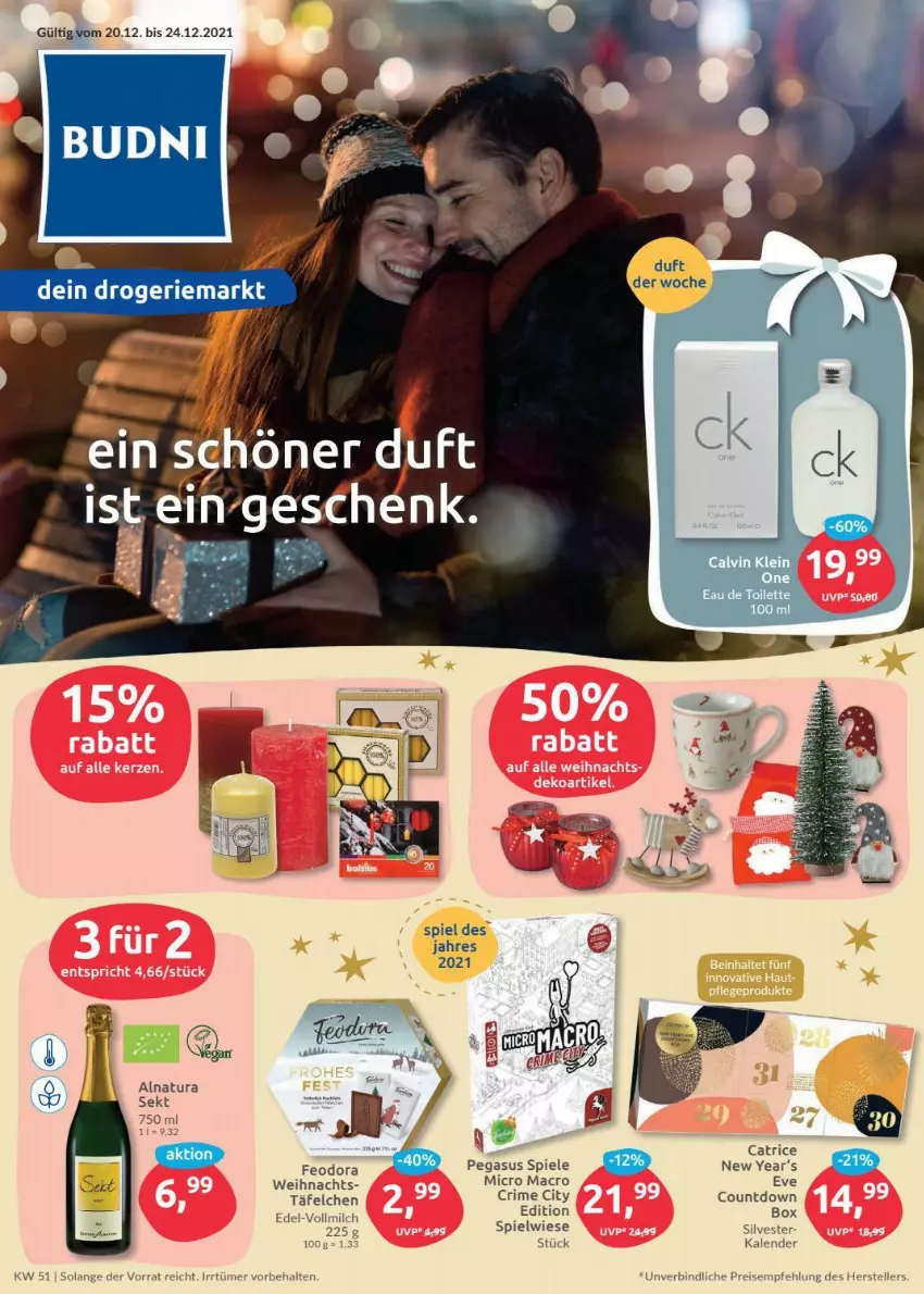 Aktueller Prospekt Budni - Prospekte - von 20.12 bis 24.12.2021 - strona 1 - produkty: asus, eau de toilette, eis, elle, mac, milch, natur, natura, reis, sekt, Spiele, teller, Ti, vollmilch, Yo