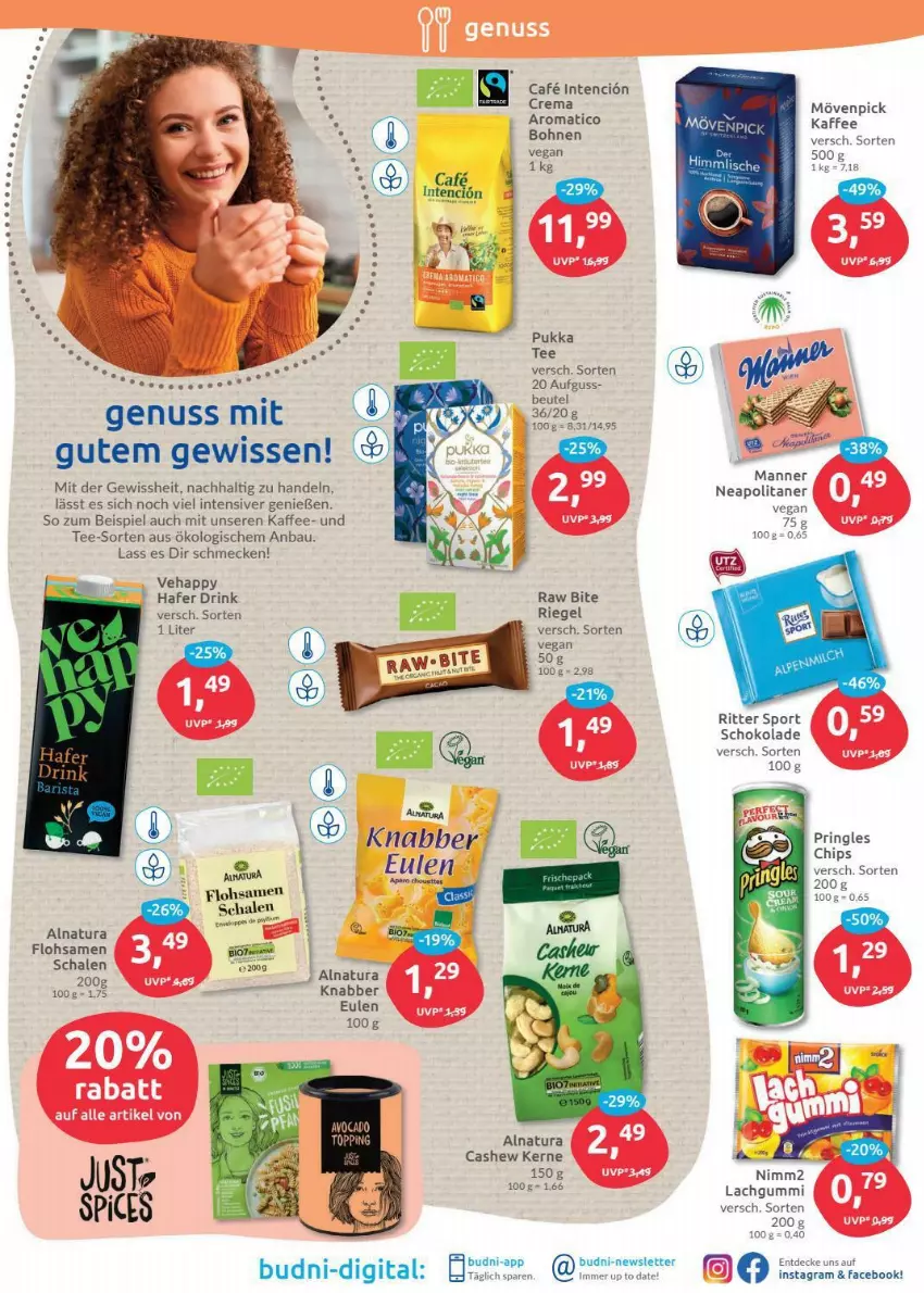 Aktueller Prospekt Budni - Prospekte - von 20.12 bis 24.12.2021 - strona 11 - produkty: Bau, beutel, bohne, bohnen, Cashew, chips, decke, drink, eis, hafer, kaffee, lachgummi, mövenpick, natur, natura, nuss, pringles, riegel, ring, ritter, ritter sport, Schal, Schale, schoko, schokolade, Sport, tee, Ti