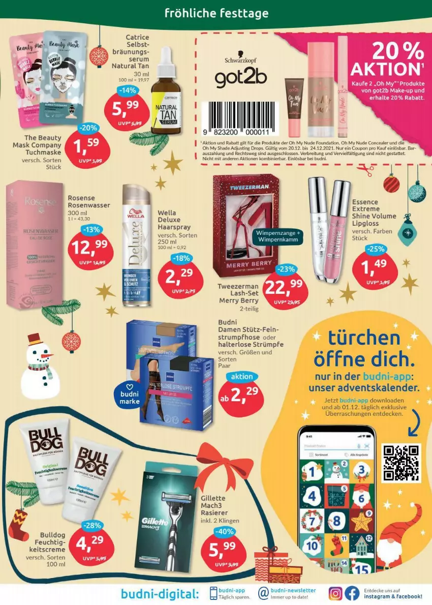 Aktueller Prospekt Budni - Prospekte - von 20.12 bis 24.12.2021 - strona 3 - produkty: Adventskalender, Brei, Bulldog, coupon, creme, decke, gillette, got2b, haarspray, hose, Lipgloss, mac, mach3, Maske, natur, natura, rasierer, rosen, Rosenwasser, rum, Serum, strümpfe, Strumpfhose, Ti, tuc, tuchmaske, wasser, Wella