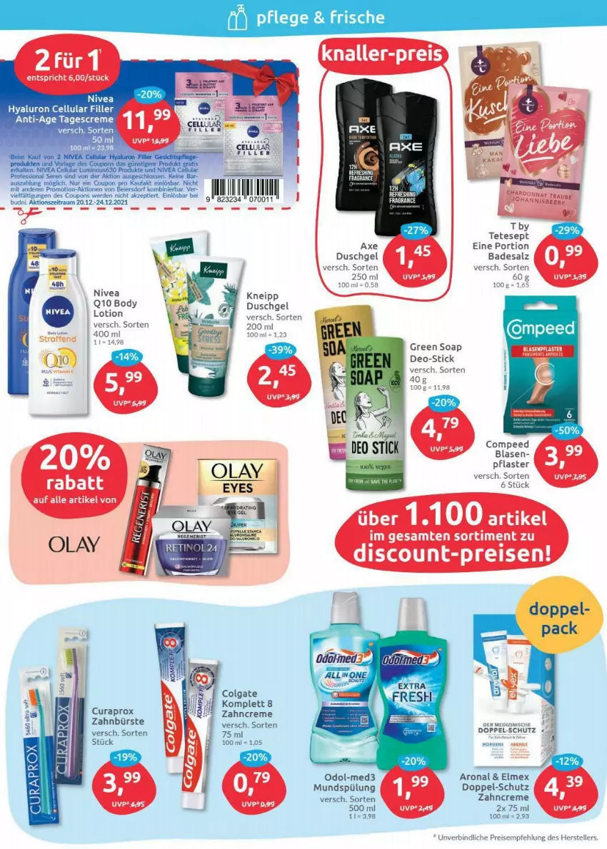 Aktueller Prospekt Budni - Prospekte - von 20.12 bis 24.12.2021 - strona 6 - produkty: axe, Bad, body, bürste, cellular filler, colgate, Compeed, coupon, creme, deo, duschgel, eier, eis, elle, elmex, erde, hyaluron, kneipp, LG, mundspülung, nivea, Odol, pflaster, Q10, reis, salz, spülung, tagescreme, tee, teller, Ti, Tiere, Weste, zahnbürste, zahncreme