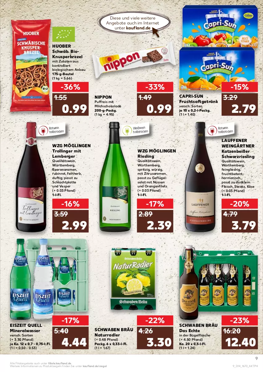 Aktueller Prospekt Kaufland - von 07.04 bis 13.04.2022 - strona 13 - produkty: Alwa, angebot, angebote, Bau, beere, beeren, Berger, beutel, bio, brezel, bügel, bügelflasche, Cap, capri-sun, eis, filet, filets, flasche, fleisch, frucht, fruchtsaft, fruchtsaftgetränk, Geflügel, geflügelsalat, getränk, huober, Käse, latte, milch, mineralwasser, natur, nippon, orange, orangen, qualitätswein, radler, reis, riesling, rotwein, Rubin, saft, salat, saro, schoko, schokolade, schwarzriesling, steak, steaks, Ti, trolli, trollinger, wasser, wein, Weißwein