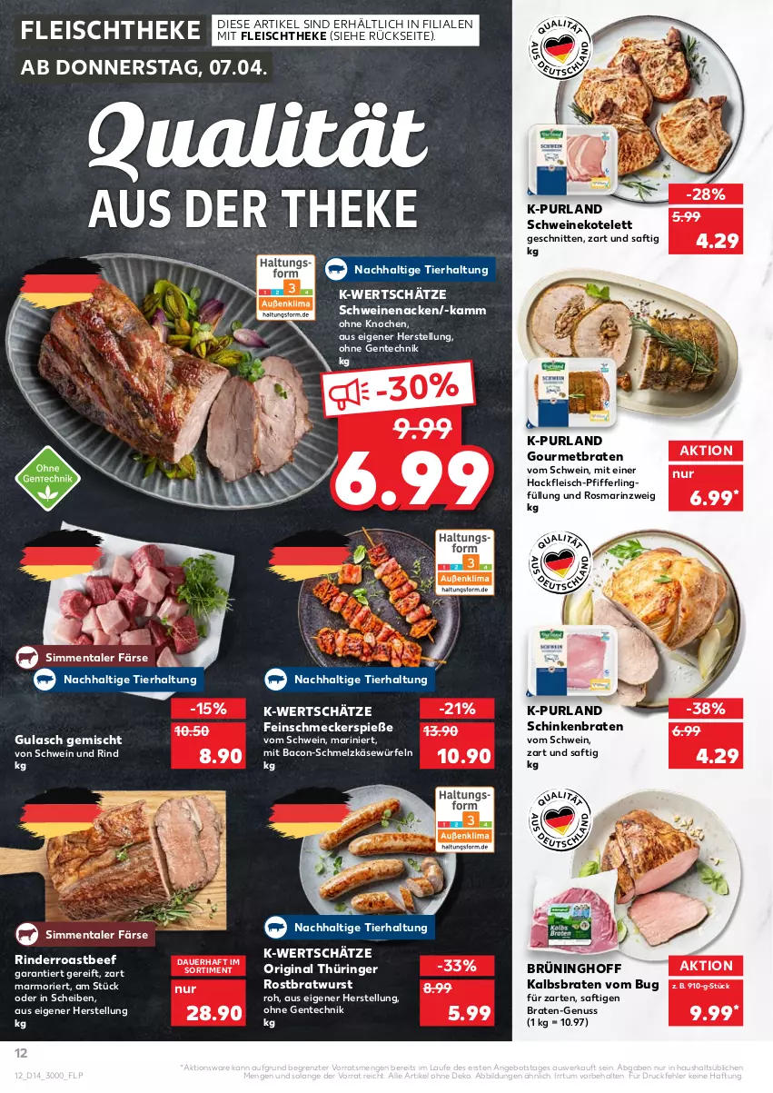 Aktueller Prospekt Kaufland - von 07.04 bis 13.04.2022 - strona 16 - produkty: angebot, auer, bacon, beef, braten, bratwurst, eis, ente, feinschmecker, fleisch, gin, gulasch, hackfleisch, Käse, kotelett, nuss, original thüringer, purland, rind, rinder, ring, roastbeef, rosmarin, rostbratwurst, saft, schinken, schinkenbraten, Schmelzkäse, schnitten, schwein, schwein und rind, schweine, schweinekotelett, schweinenacken, sim, thüringer rostbratwurst, Ti, wein, weine, würfel, wurst, ZTE