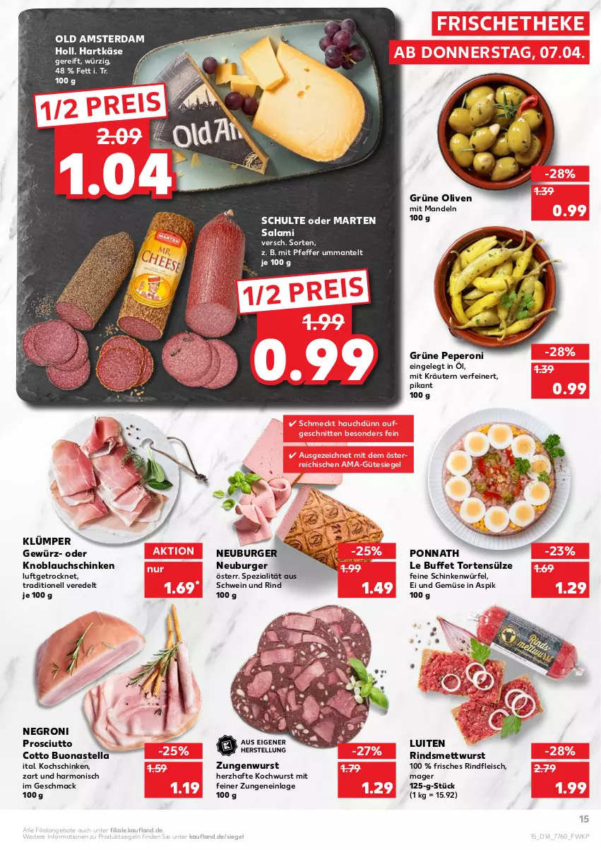 Aktueller Prospekt Kaufland - von 07.04 bis 13.04.2022 - strona 19 - produkty: angebot, angebote, burger, eis, fleisch, gewürz, grüne oliven, hartkäse, Käse, knoblauch, kochschinken, kräuter, kräutern, mac, mandel, mandeln, Mantel, Mett, mettwurst, Neuburger, Old Amsterdam, olive, oliven, peperoni, Peroni, pfeffer, ponnath, prosciutto, prosciutto cotto, reis, rind, rindfleisch, salami, schinken, schnitten, schwein, schwein und rind, Spezi, Ti, torte, und gemüse, wein, würfel, wurst