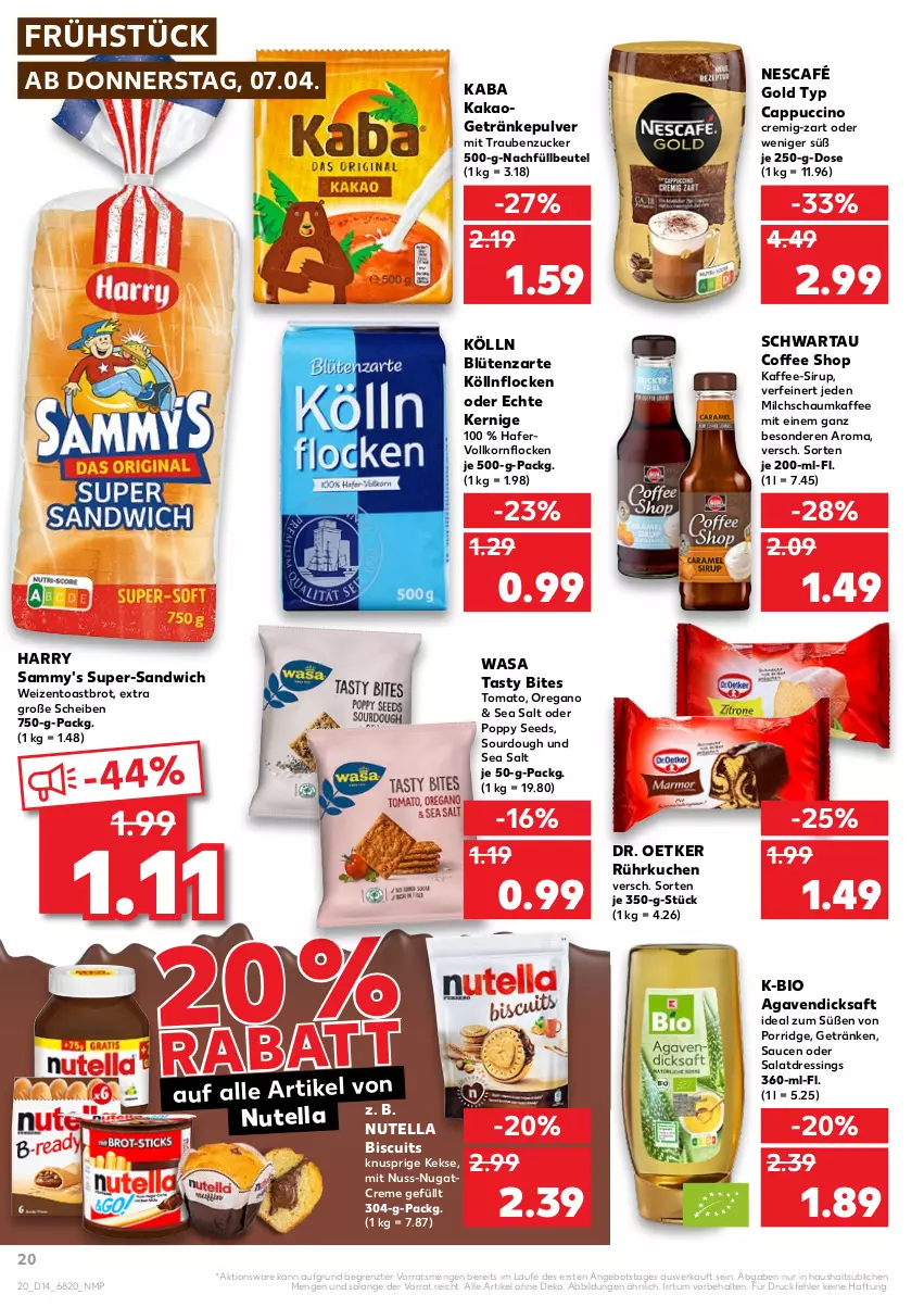 Aktueller Prospekt Kaufland - von 07.04 bis 13.04.2022 - strona 24 - produkty: agaven, angebot, beutel, bio, bites, Blüte, brot, Cap, cappuccino, cin, creme, dicksaft, Dr. Oetker, dressing, getränk, getränke, getränkepulver, hafer, kaffee, kakao, keks, kekse, kölln, korn, kuchen, milch, Nescafé, nescafé gold, nuss, nutella, Popp, porridge, saft, salat, salatdressing, sandwich, sauce, saucen, Schwartau, sirup, Ti, toast, Toastbrot, trauben, wasa, ZTE, zucker