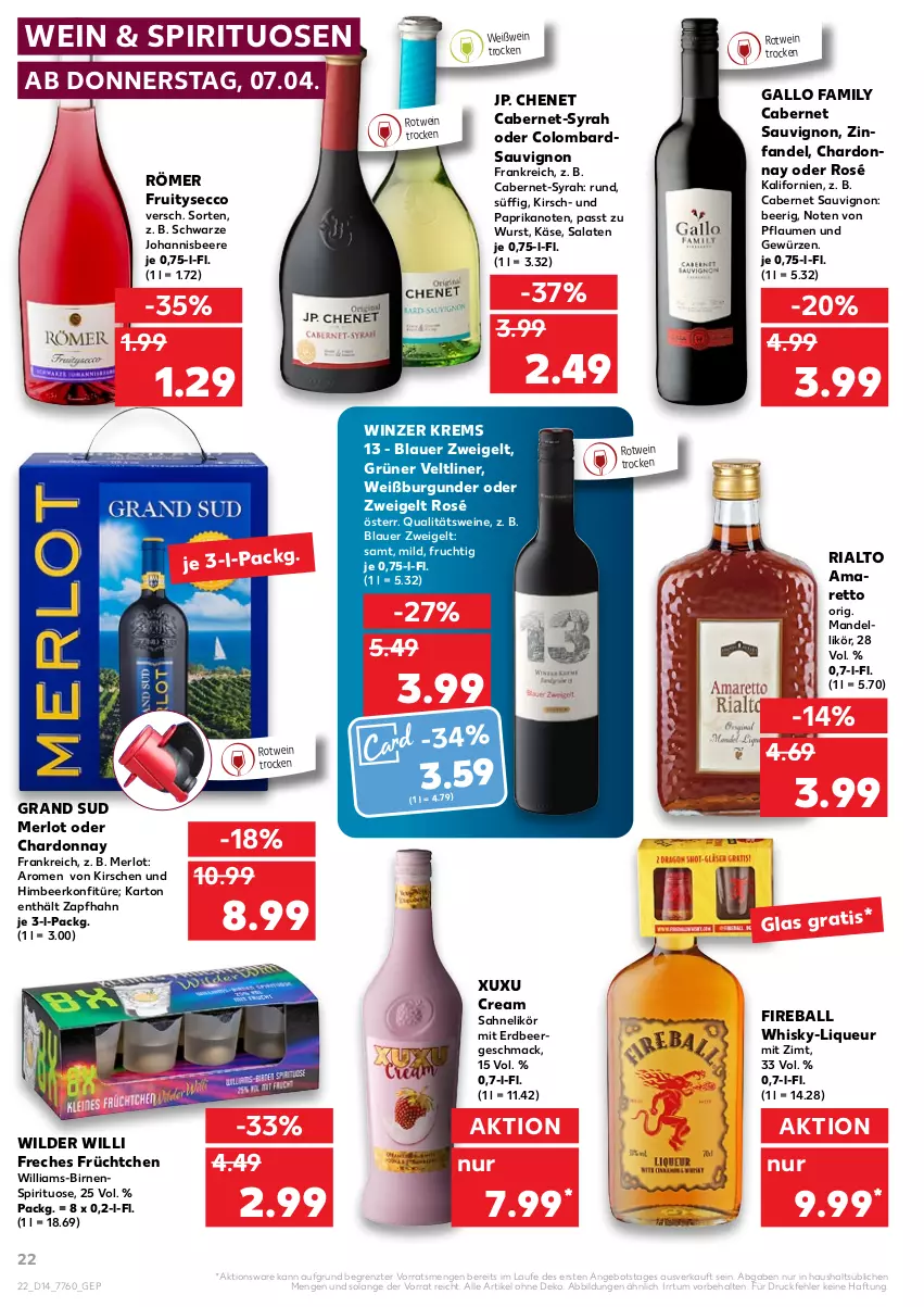 Aktueller Prospekt Kaufland - von 07.04 bis 13.04.2022 - strona 26 - produkty: angebot, auer, ball, beere, Birnen, blauer zweigelt, burgunder, cabernet, cabernet sauvignon, chardonnay, ecco, frucht, gallo, gallo family, gewürz, grand sud, grüner veltliner, himbeer, johannisbeere, Käse, kirsch, kirsche, kirschen, konfitüre, likör, liqueur, mac, mandel, merl, merlot, paprika, pflaume, pflaumen, qualitätswein, qualitätsweine, Ria, rotwein, sahne, salat, salate, sauvignon, spirituosen, Ti, wein, weine, Weißburgunder, Weißwein, whisky, Wild, wurst, ZTE, Zweigelt