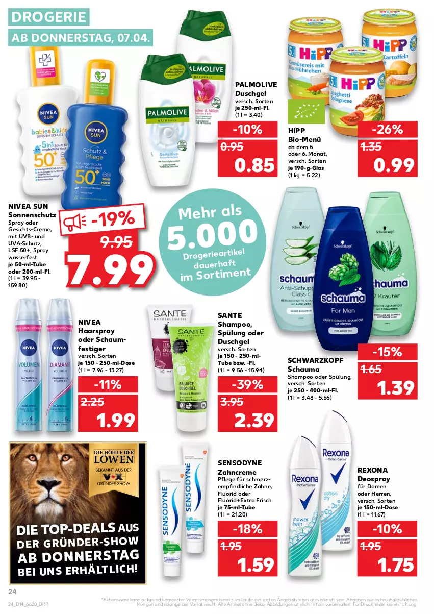 Aktueller Prospekt Kaufland - von 07.04 bis 13.04.2022 - strona 28 - produkty: angebot, auer, bio, creme, deo, deospray, duschgel, haarspray, hipp, nivea, nivea sun, oder schaumfestiger, olive, palmolive, rexona, SANTE, schauma, schauma shampoo, schaumfestiger, schwarzkop, schwarzkopf, sensodyne, shampoo, shampoo oder spülung, sonnenschutz, spülung, Ti, wasser, zahncreme, ZTE