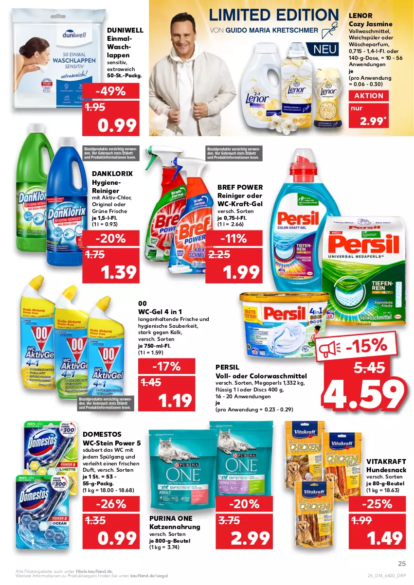 Aktueller Prospekt Kaufland - von 07.04 bis 13.04.2022 - strona 29 - produkty: Alwa, angebot, angebote, beutel, Bref, bref power, colorwaschmittel, danklorix, domestos, duni, Duniwell, Einmalwaschlappen, gin, hundesnack, katzennahrung, kraft, lenor, LG, megaperls, parfum, persil, purina, reiniger, snack, Ti, vita, vitakraft, vollwaschmittel, waschlappen, waschmittel, wc-gel, weichspüler