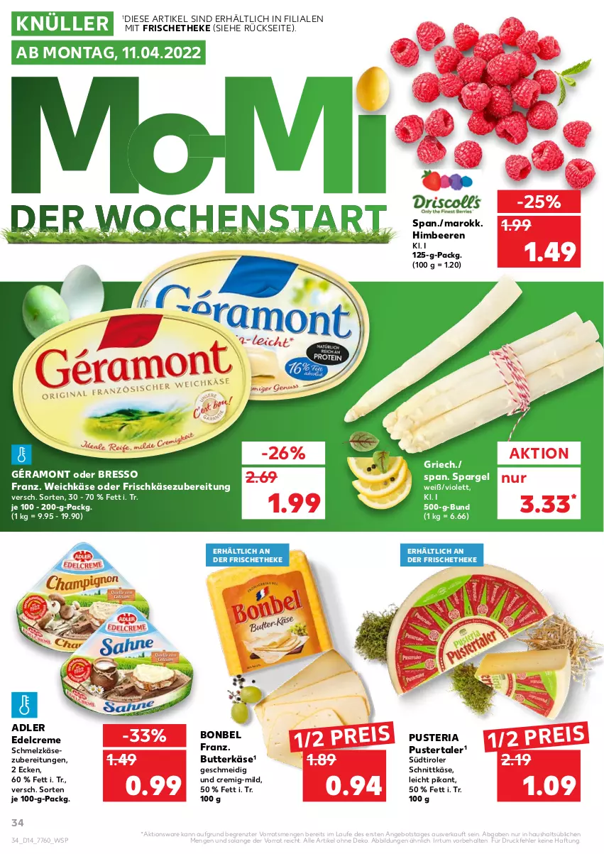 Aktueller Prospekt Kaufland - von 07.04 bis 13.04.2022 - strona 38 - produkty: angebot, beere, beeren, bonbel, bresso, butter, butterkäse, creme, edelcreme, eis, frischkäse, frischkäsezubereitung, géramont, himbeer, himbeere, himbeeren, Käse, reis, Ria, Schmelzkäse, schmelzkäsezubereitung, schnittkäse, spargel, südtiroler, Ti, weichkäse, ZTE