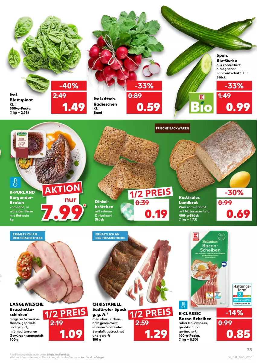 Aktueller Prospekt Kaufland - von 07.04 bis 13.04.2022 - strona 39 - produkty: angebot, angebote, auer, backwaren, bacon, Bau, bio, blattspinat, braten, brot, brötchen, buch, burgunder, dinkelbrötchen, dinkelmehl, eis, fleisch, frische backwaren, gewürz, gurke, Holz, Mantel, mehl, natur, purland, radieschen, reis, rind, rotwein, schinken, schwein, schweine, schweinefleisch, Speck, spinat, südtiroler, Ti, trolli, wein, weine, weizenmischbrot